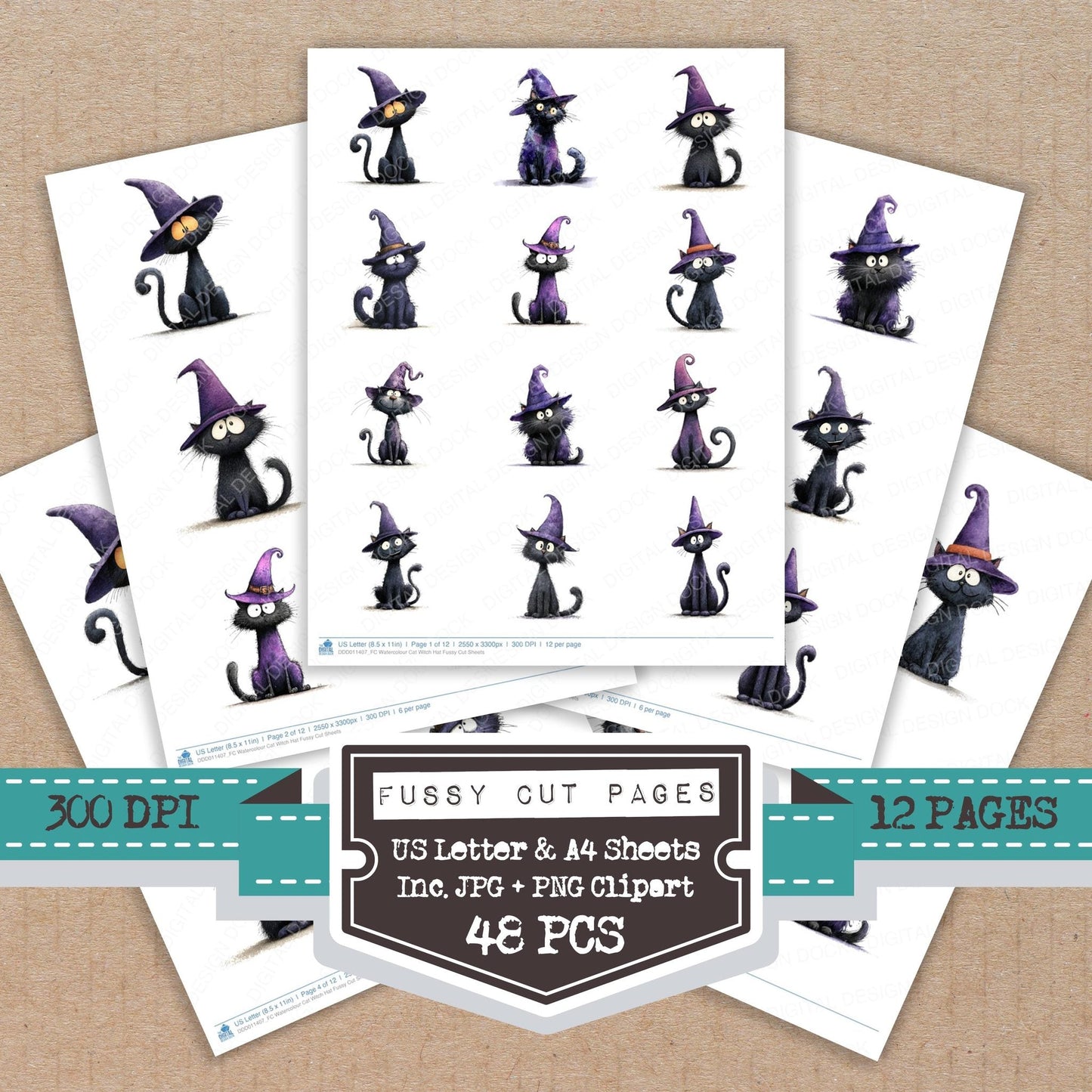 Watercolour Cat Witch Hat Fussy Cut Sheets (DDD011407)