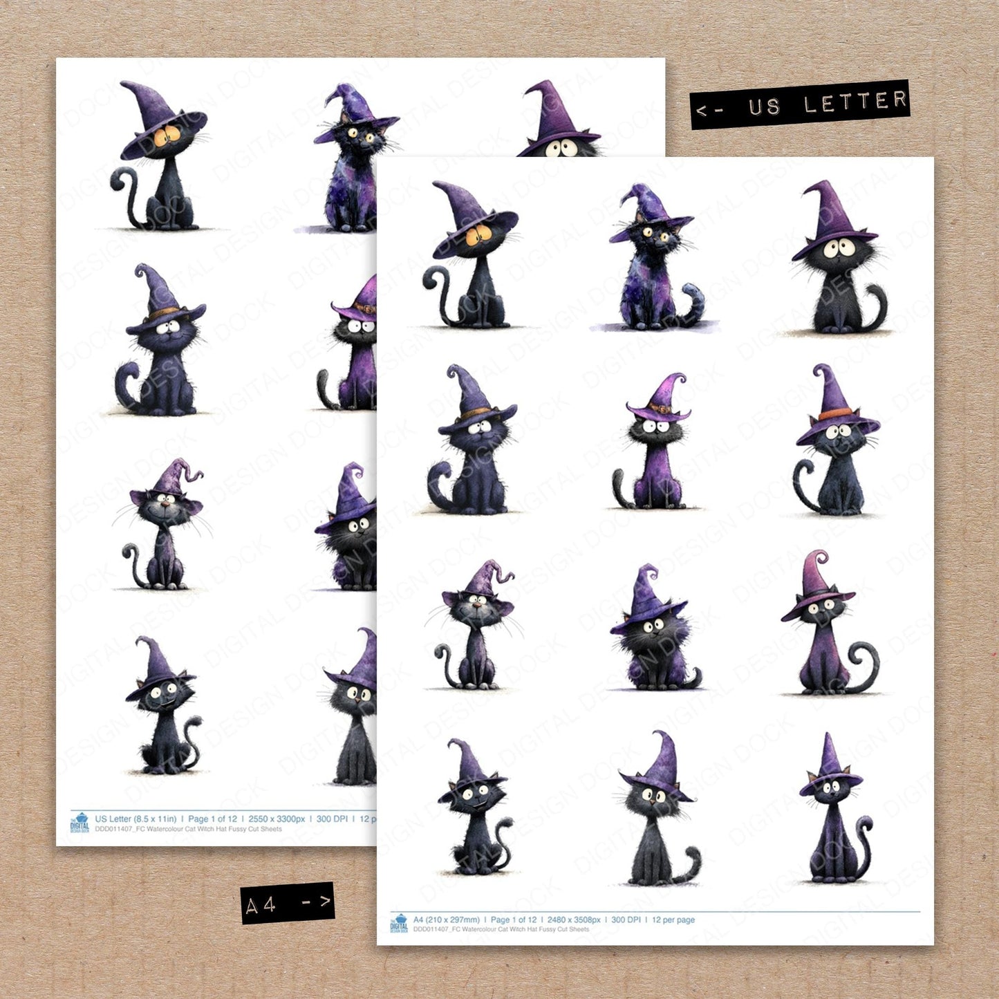 Watercolour Cat Witch Hat Fussy Cut Sheets (DDD011407)