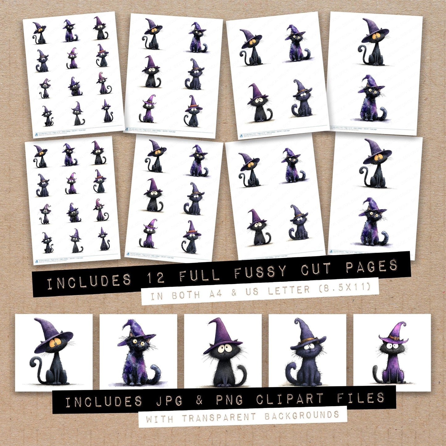Watercolour Cat Witch Hat Fussy Cut Sheets (DDD011407)
