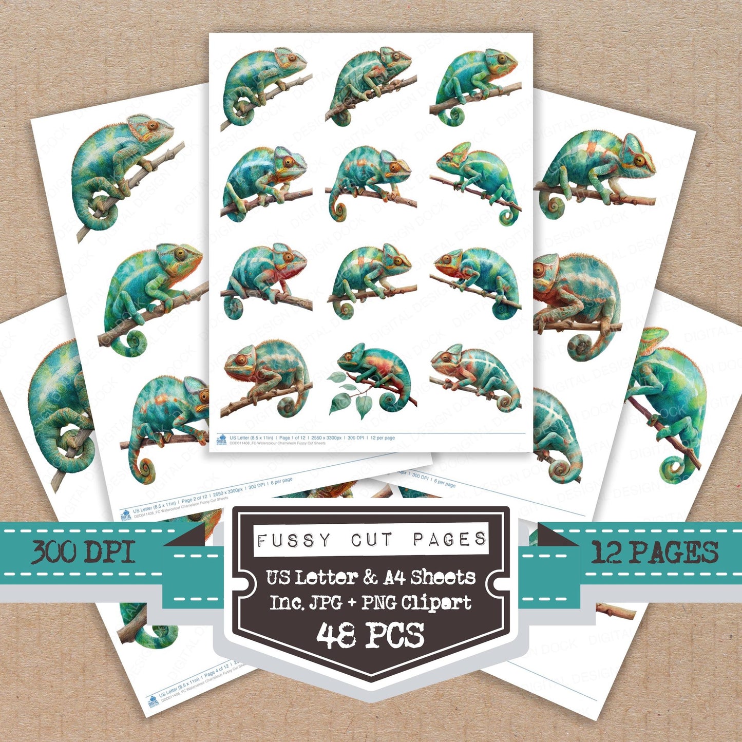 Watercolour Chameleon fussy cut printable sheets for junk journaling, scrapbooking, and paper craft projects