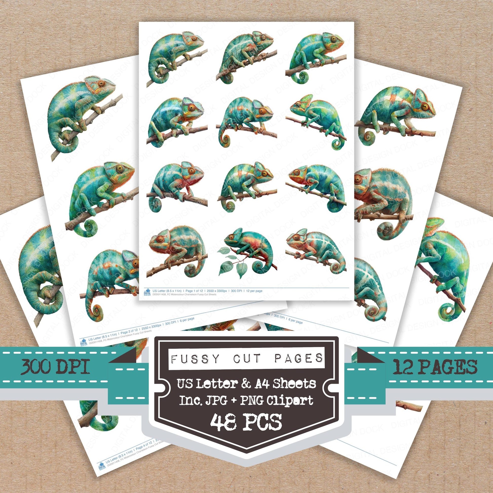 Watercolour Chameleon fussy cut printable sheets for junk journaling, scrapbooking, and paper craft projects