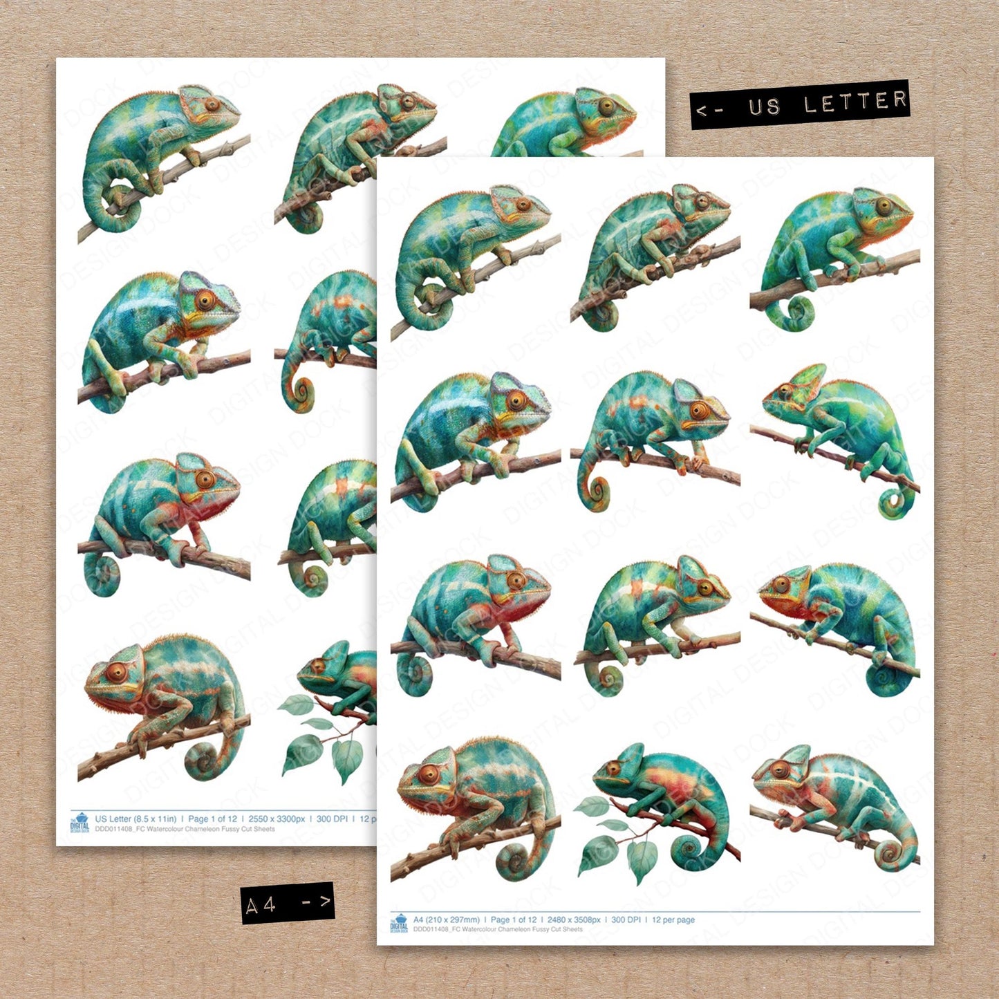 A4 and US Letter format comparison showing Watercolour Chameleon fussy cut pages for print and cut crafting
