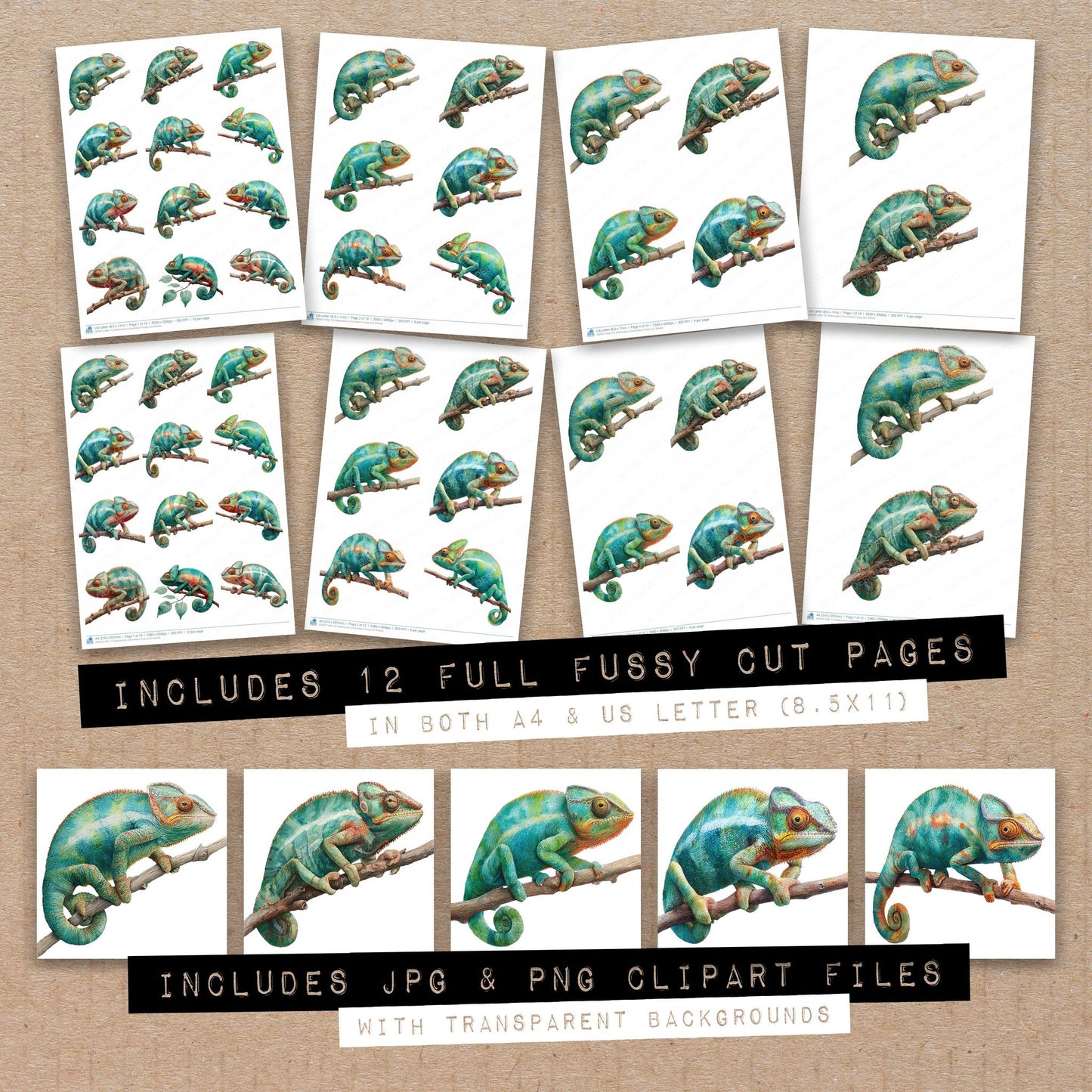 Full collection view of Watercolour Chameleon fussy cut sheets with bonus clipart JPG and PNG files