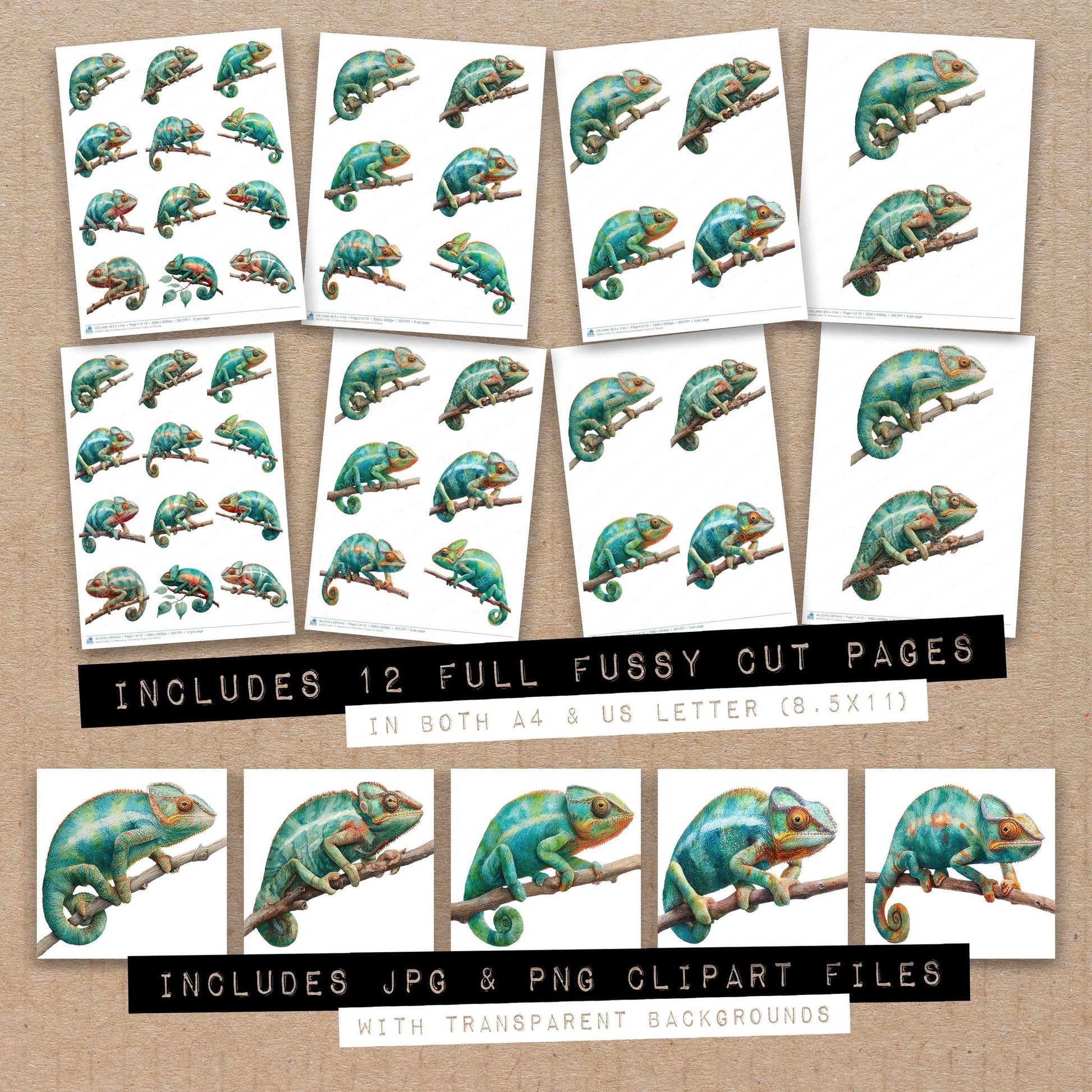 Full collection view of Watercolour Chameleon fussy cut sheets with bonus clipart JPG and PNG files
