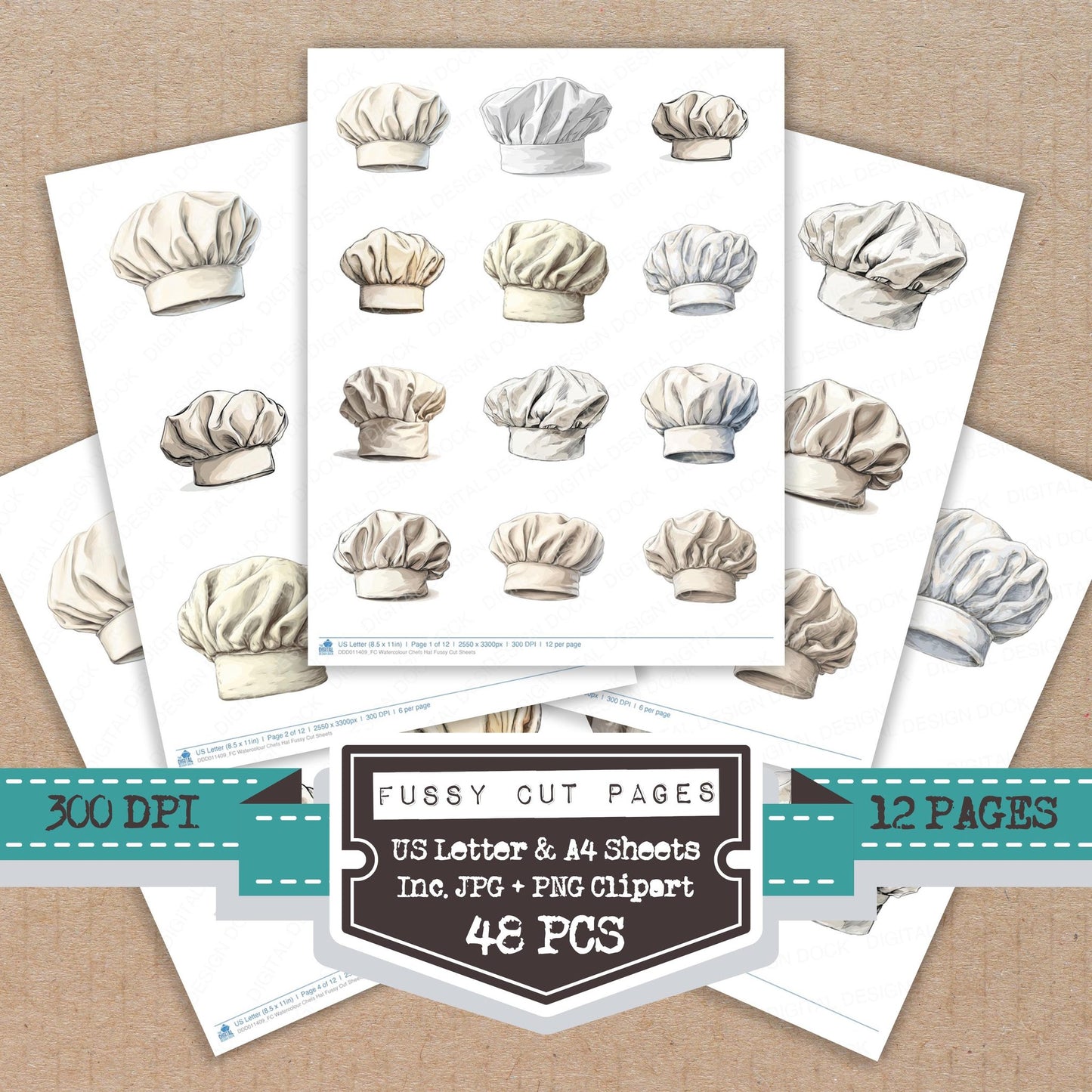 Watercolour Chefs Hat fussy cut printable sheets for junk journaling, scrapbooking, and paper craft projects