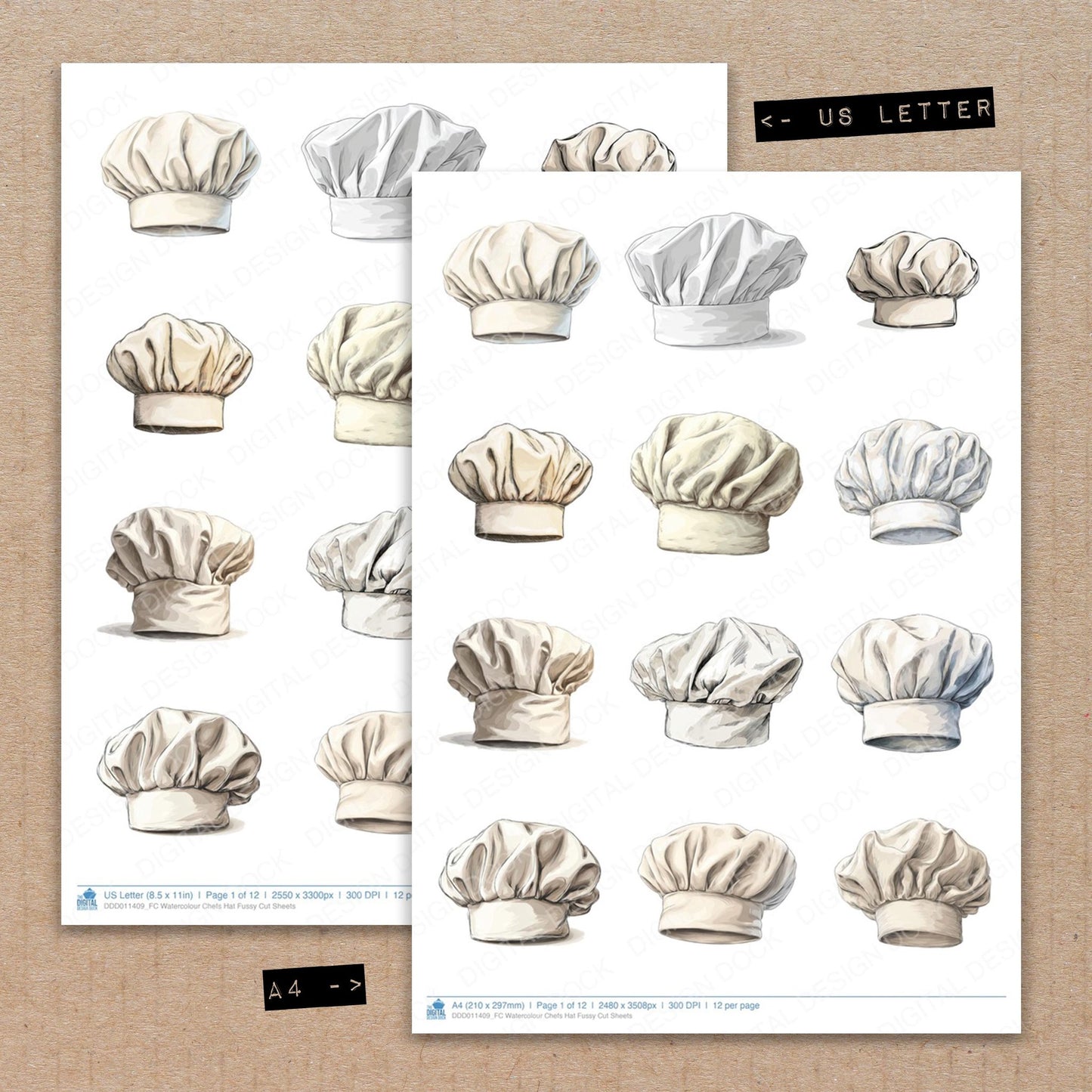 A4 and US Letter format comparison showing Watercolour Chefs Hat fussy cut pages for print and cut crafting