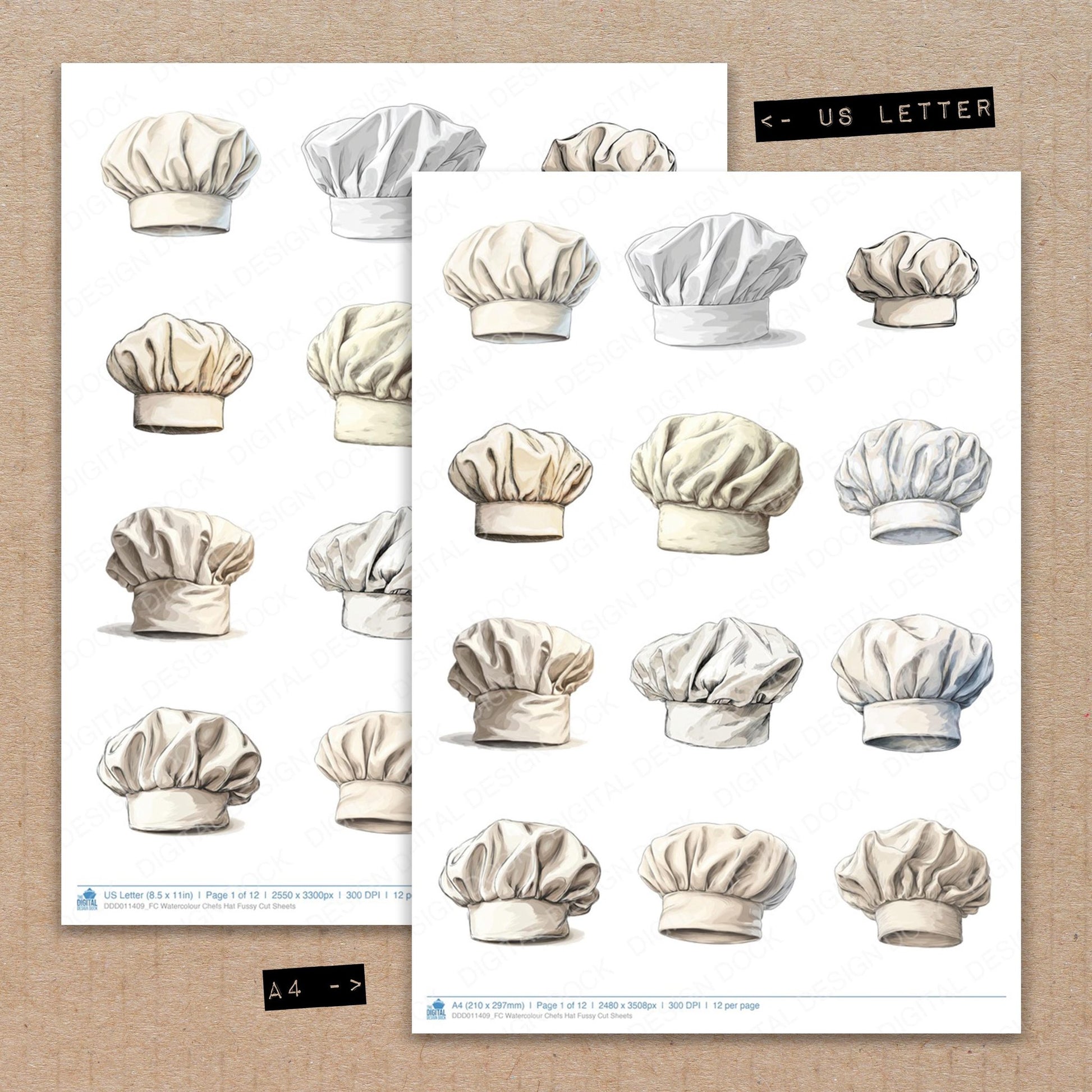 A4 and US Letter format comparison showing Watercolour Chefs Hat fussy cut pages for print and cut crafting