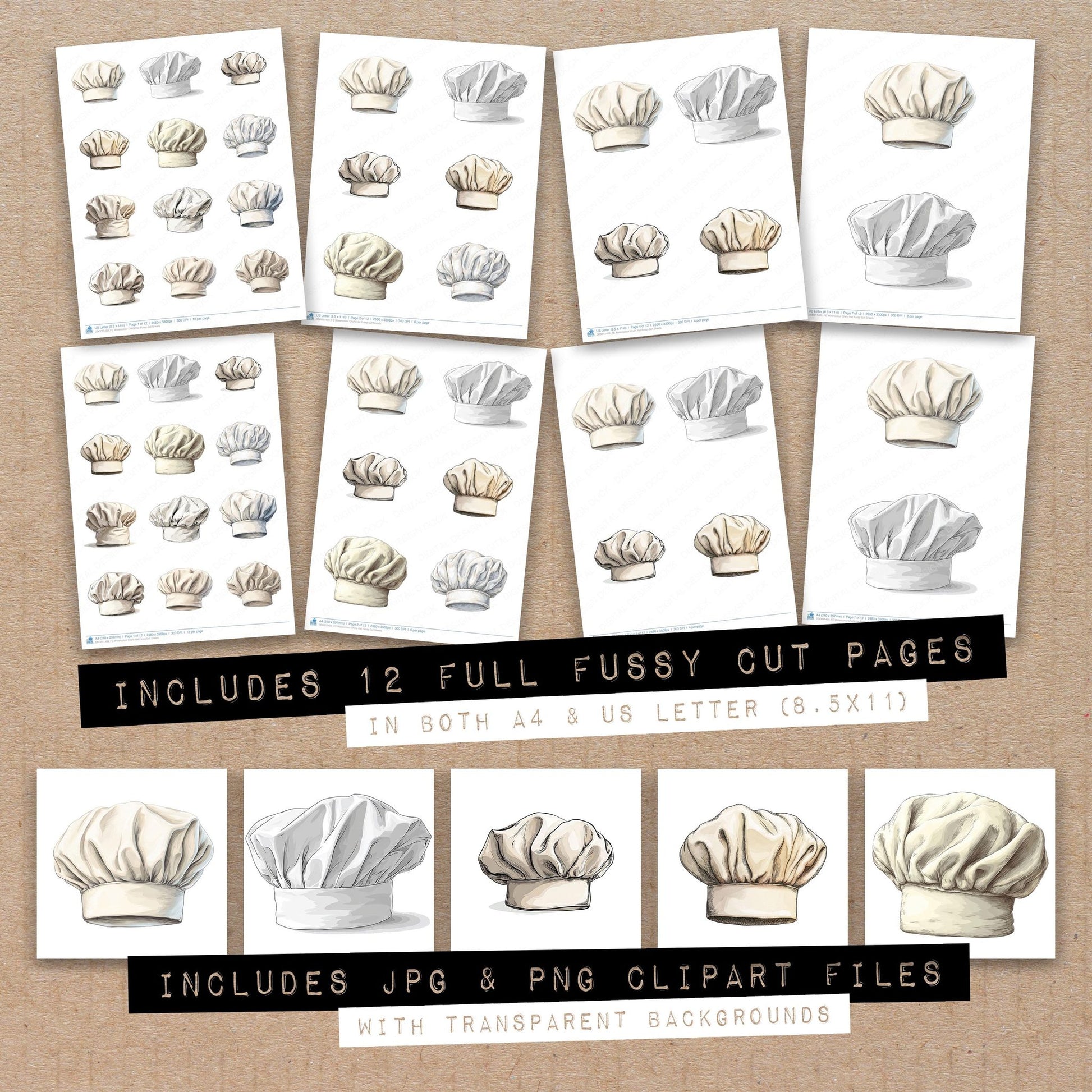 Full collection view of Watercolour Chefs Hat fussy cut sheets with bonus clipart JPG and PNG files