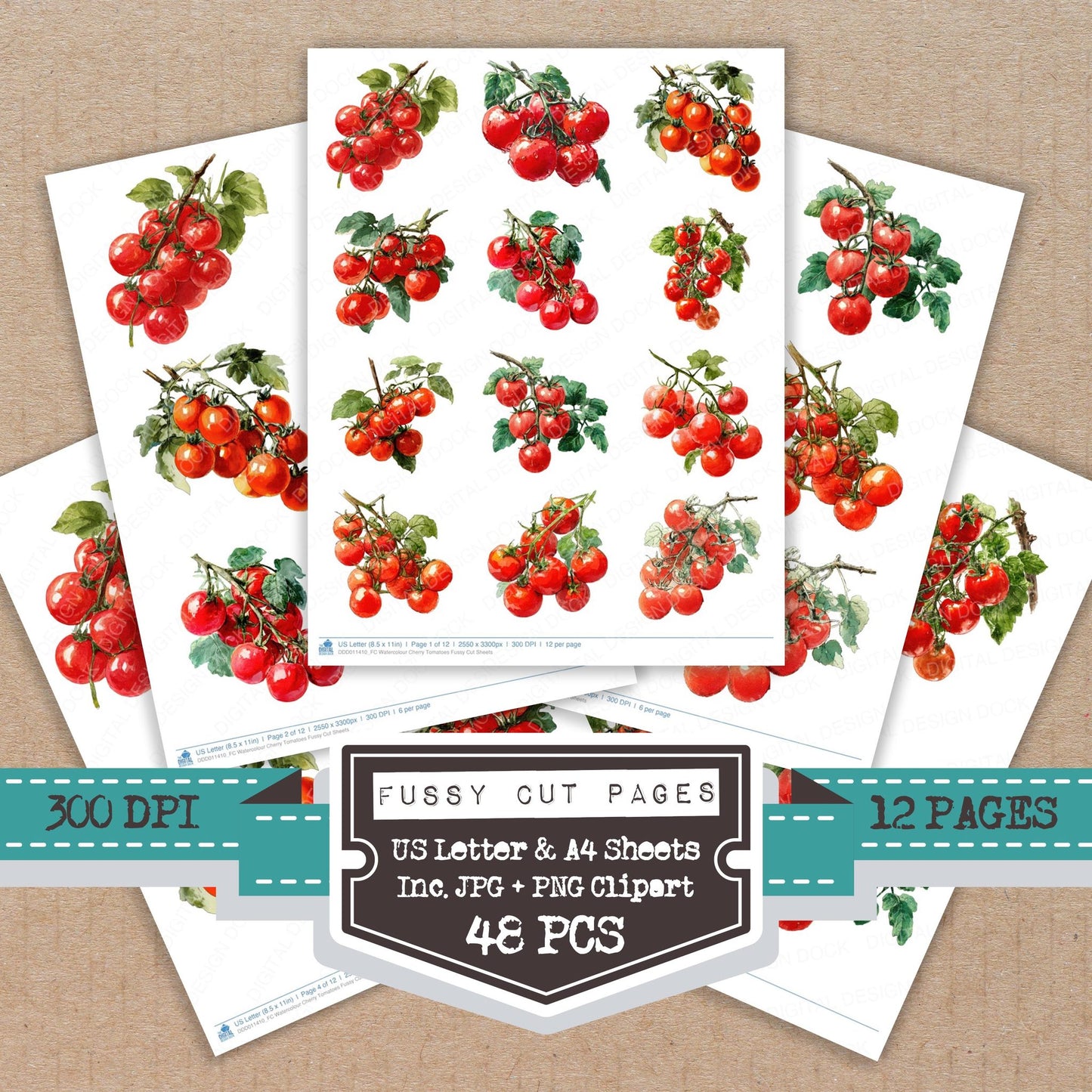 Watercolour Cherry Tomatoes fussy cut printable sheets for junk journaling, scrapbooking, and paper craft projects