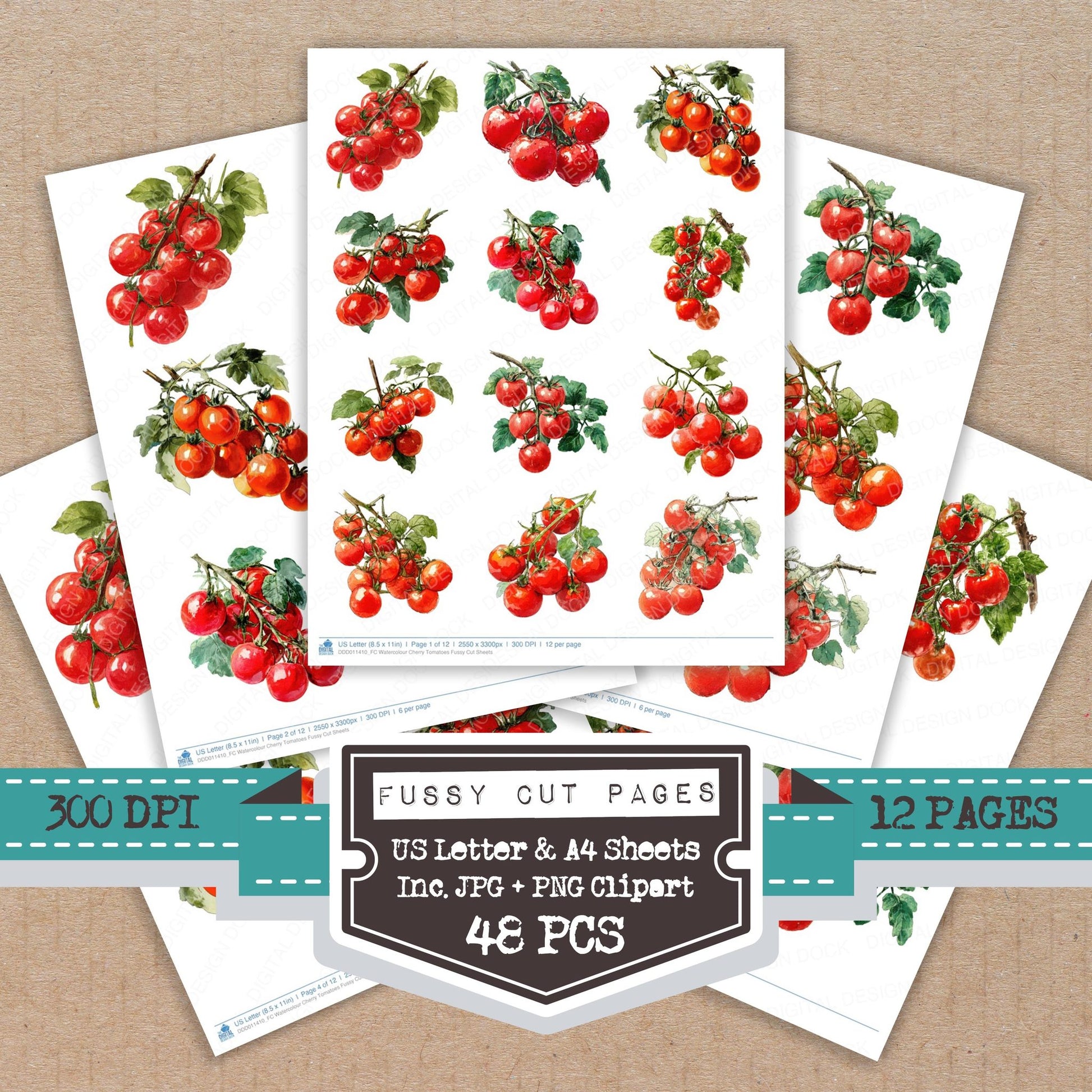 Watercolour Cherry Tomatoes fussy cut printable sheets for junk journaling, scrapbooking, and paper craft projects