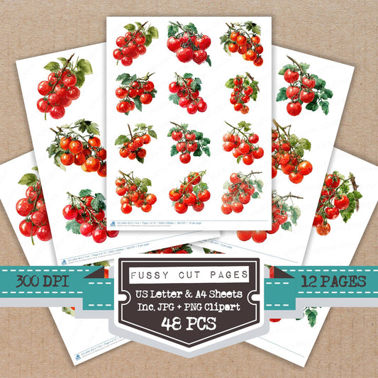 Watercolour Cherry Tomatoes fussy cut printable sheets for junk journaling, scrapbooking, and paper craft projects