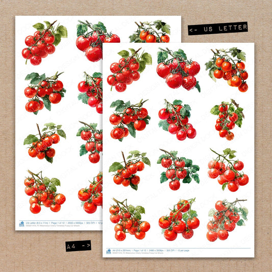 A4 and US Letter format comparison showing Watercolour Cherry Tomatoes fussy cut pages for print and cut crafting