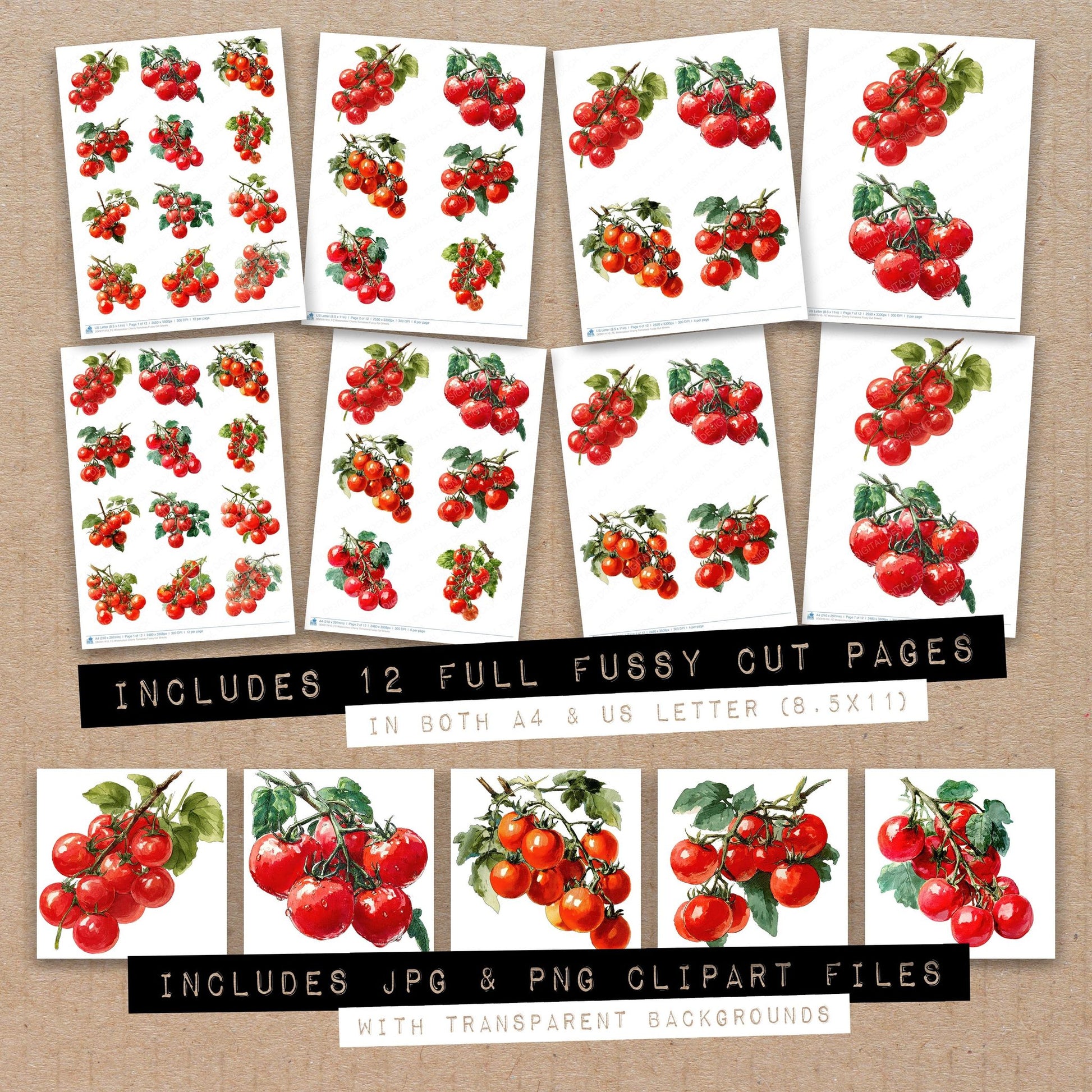 Full collection view of Watercolour Cherry Tomatoes fussy cut sheets with bonus clipart JPG and PNG files