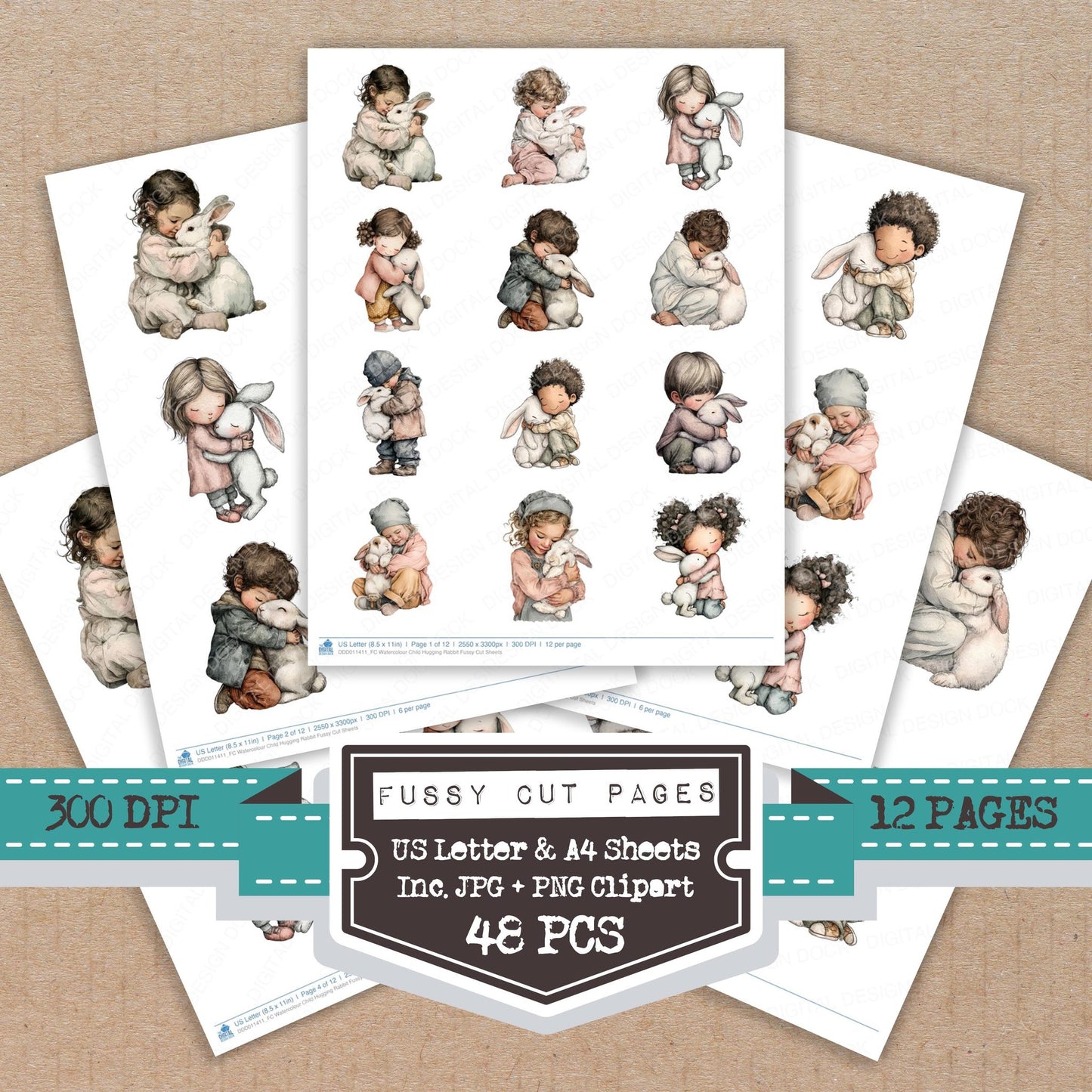 Watercolour Child Hugging Rabbit fussy cut printable sheets for junk journaling, scrapbooking, and paper craft projects