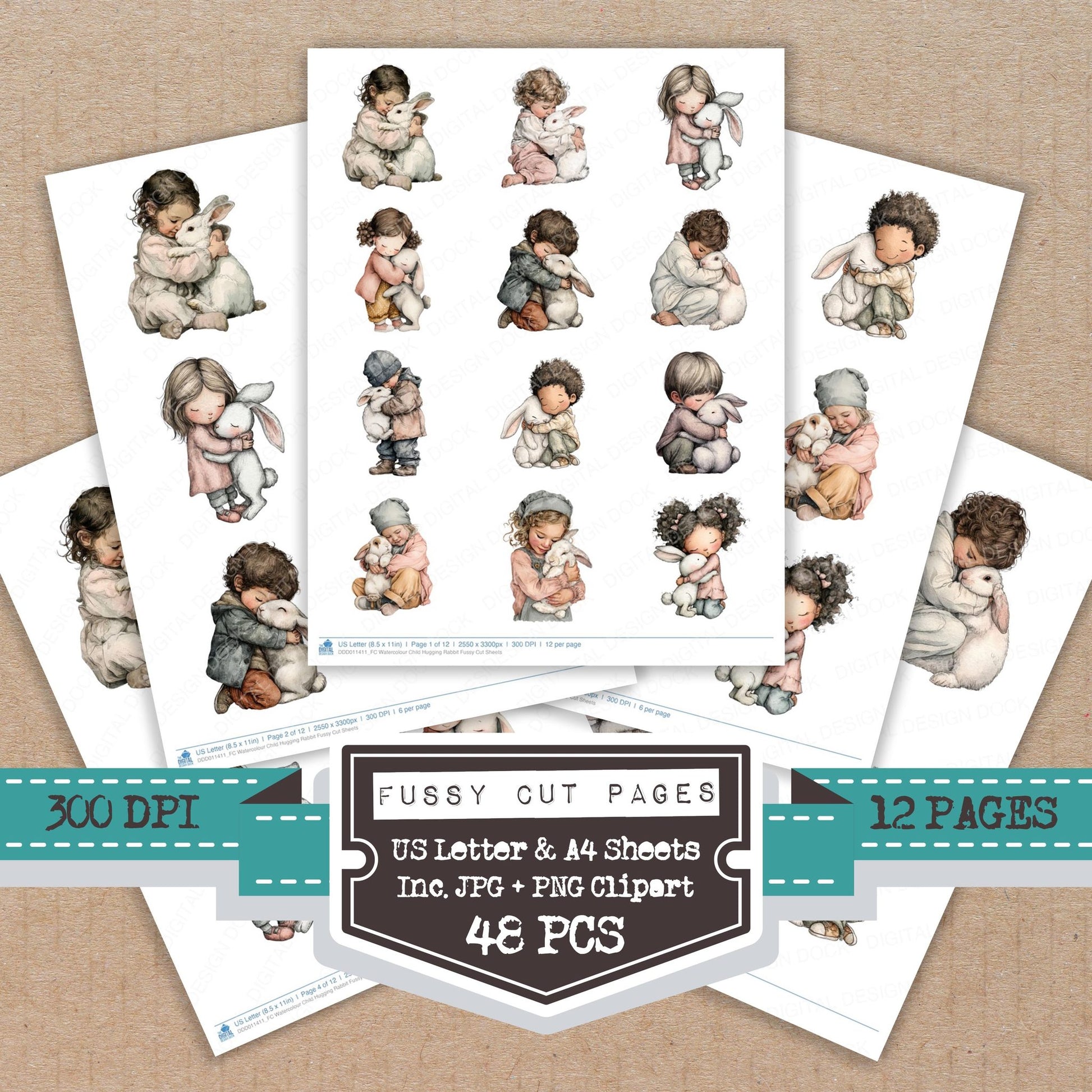 Watercolour Child Hugging Rabbit fussy cut printable sheets for junk journaling, scrapbooking, and paper craft projects