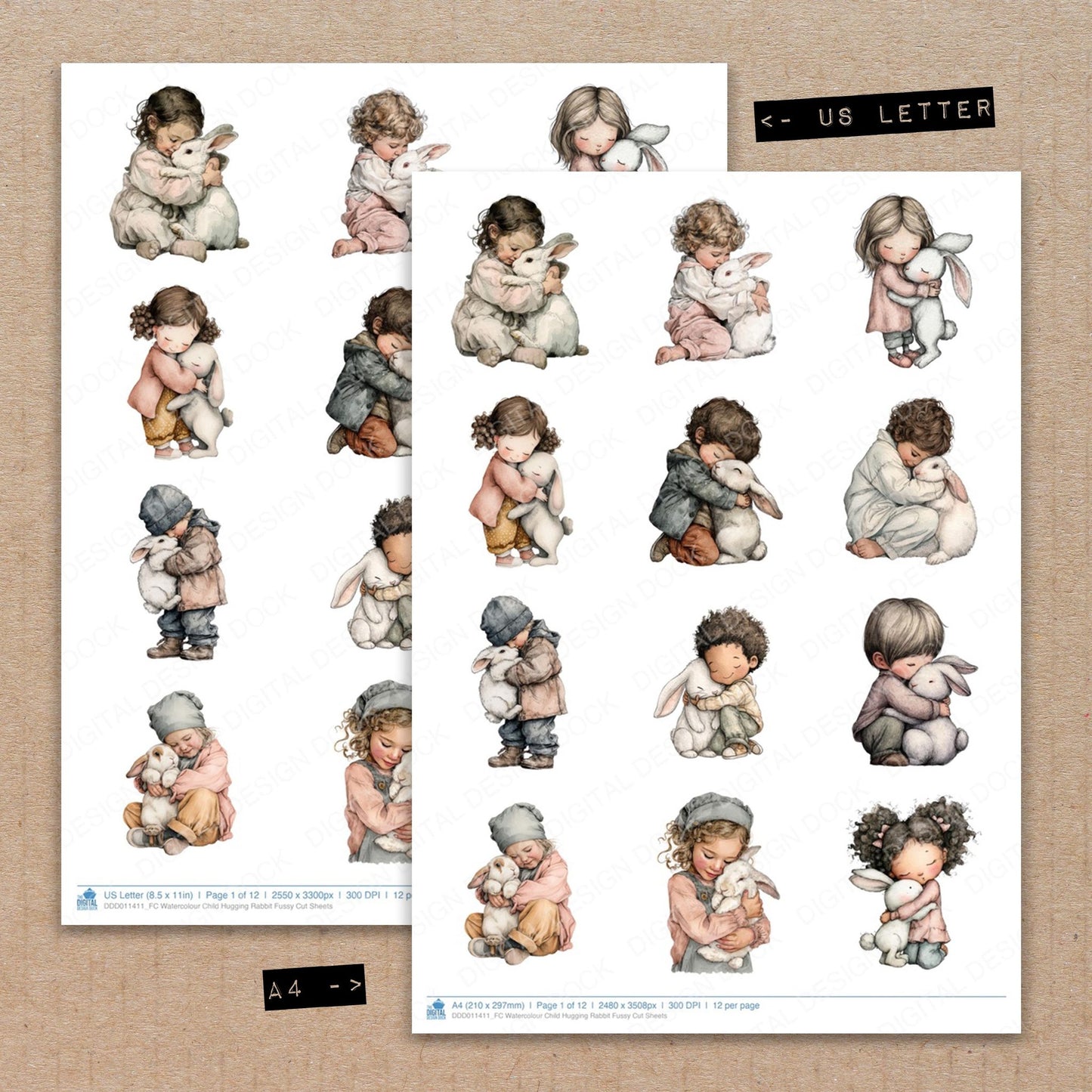 A4 and US Letter format comparison showing Watercolour Child Hugging Rabbit fussy cut pages for print and cut crafting