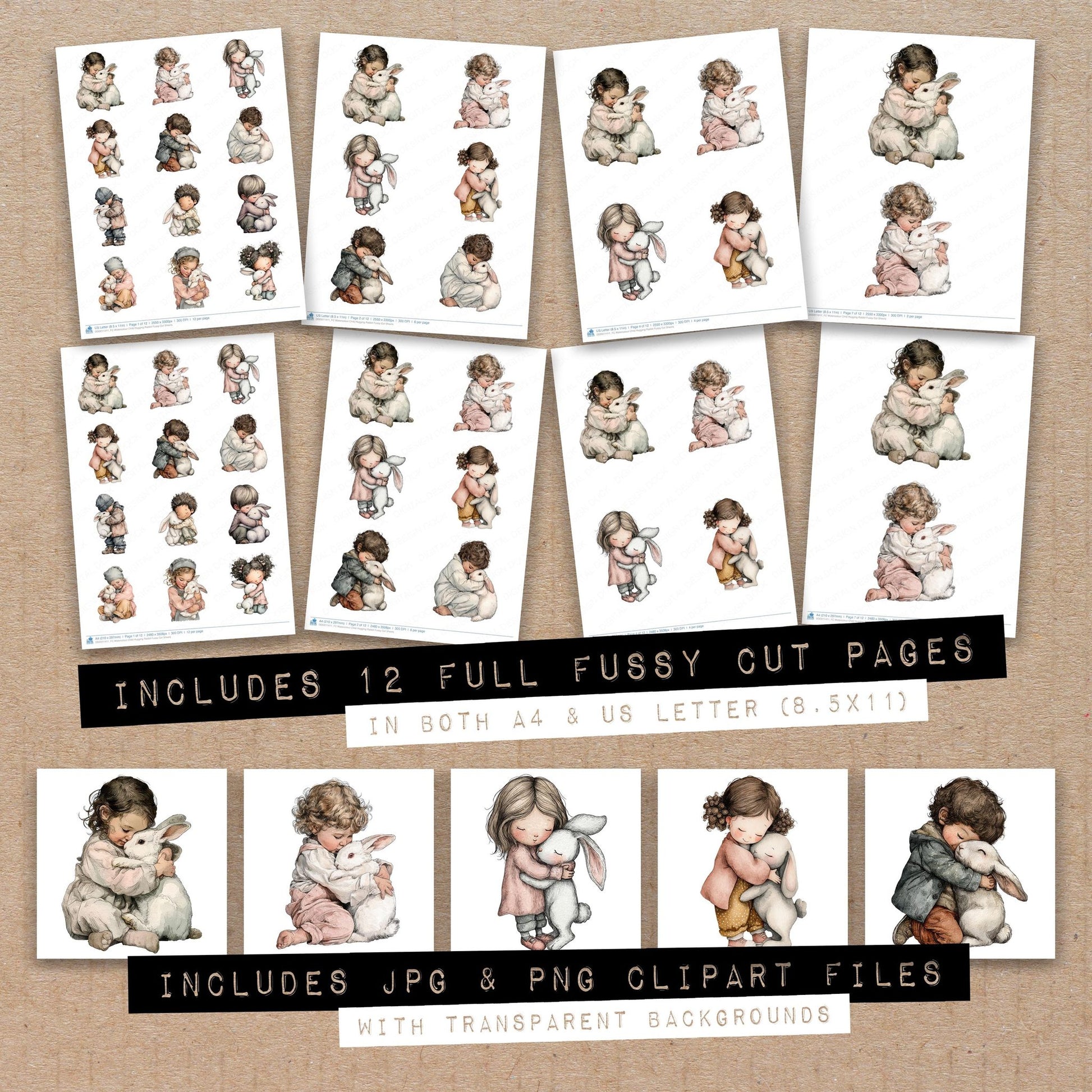 Full collection view of Watercolour Child Hugging Rabbit fussy cut sheets with bonus clipart JPG and PNG files