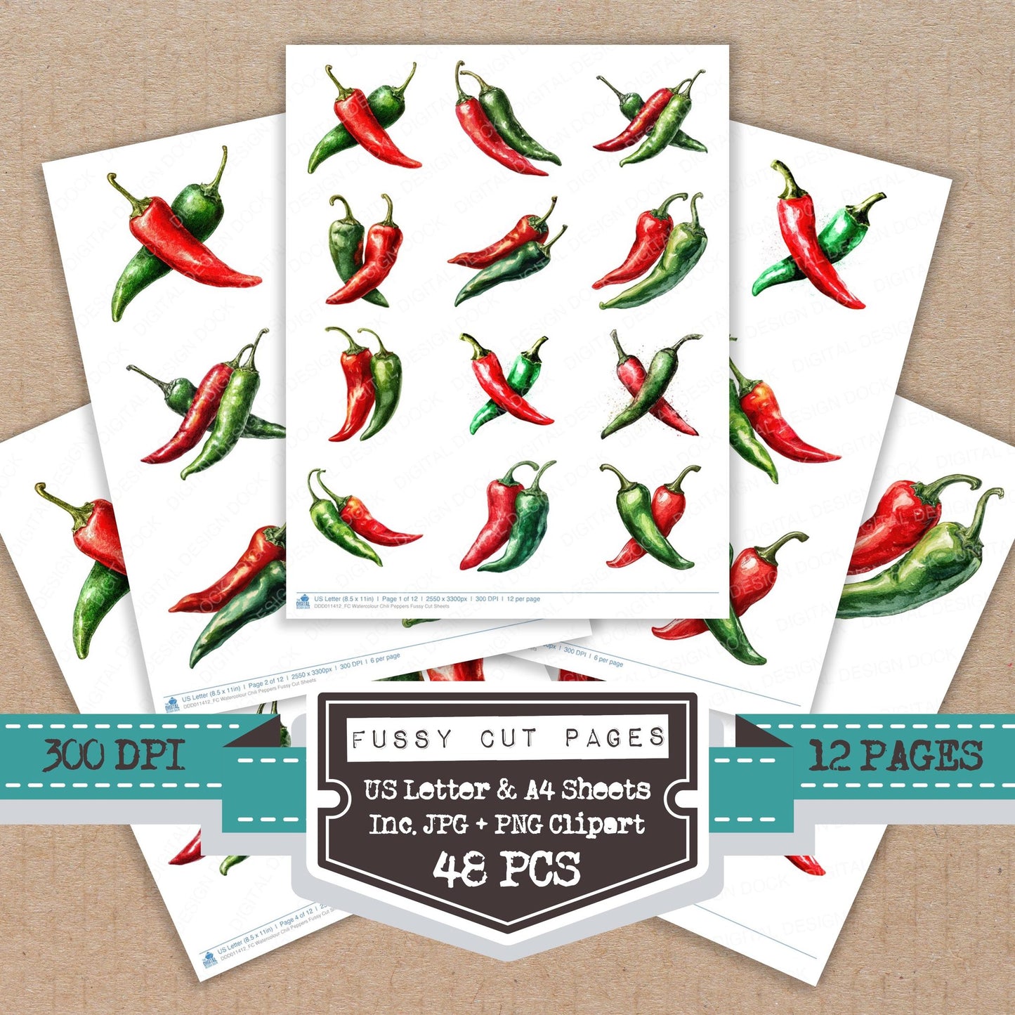 Watercolour Chili Peppers fussy cut printable sheets for junk journaling, scrapbooking, and paper craft projects