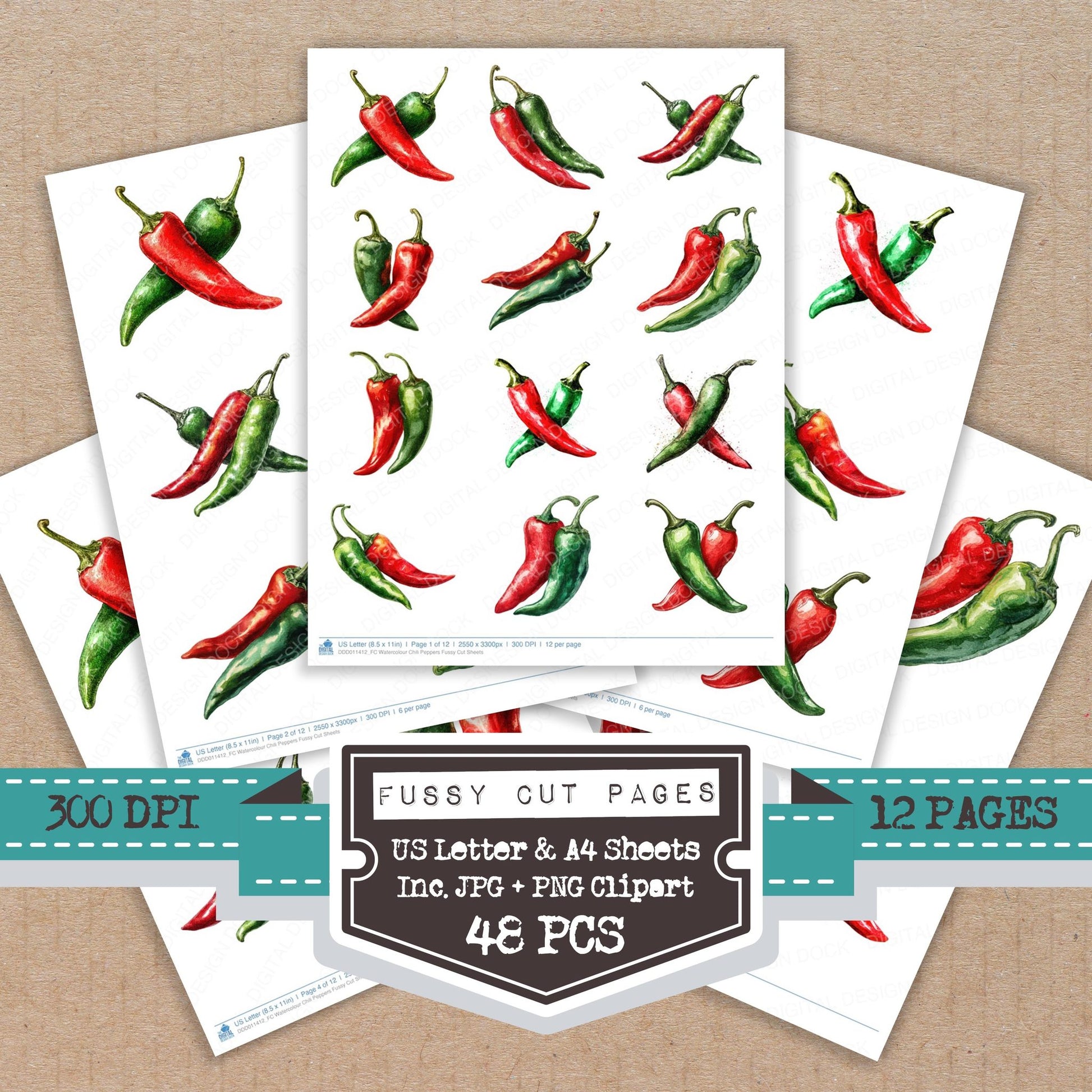 Watercolour Chili Peppers fussy cut printable sheets for junk journaling, scrapbooking, and paper craft projects