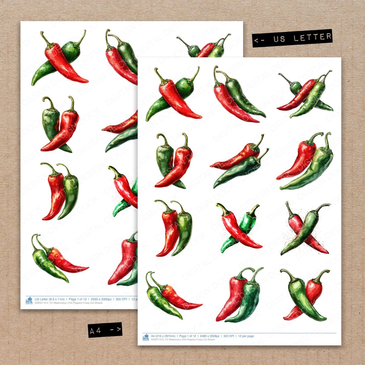 A4 and US Letter format comparison showing Watercolour Chili Peppers fussy cut pages for print and cut crafting