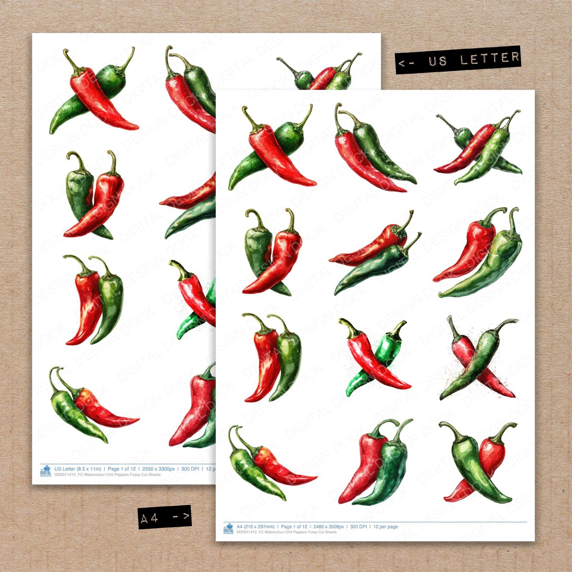 A4 and US Letter format comparison showing Watercolour Chili Peppers fussy cut pages for print and cut crafting