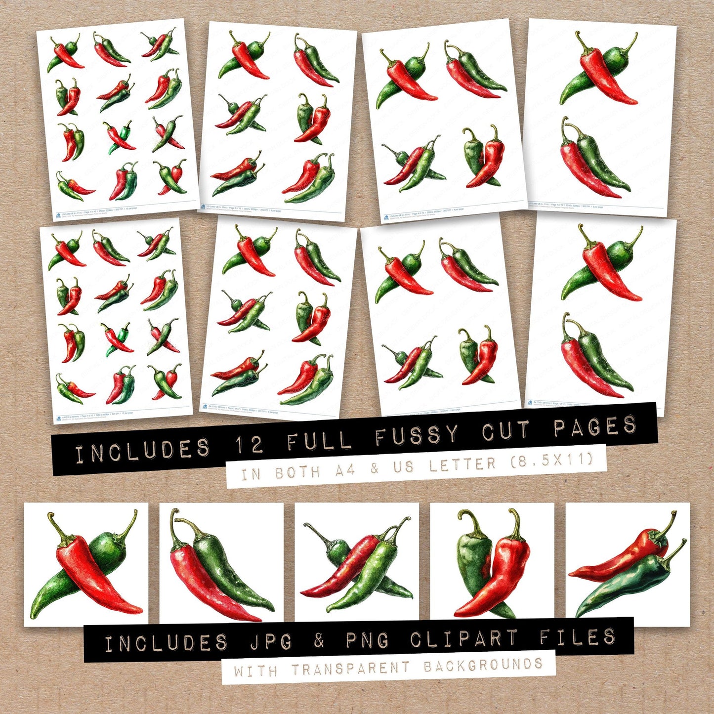 Full collection view of Watercolour Chili Peppers fussy cut sheets with bonus clipart JPG and PNG files