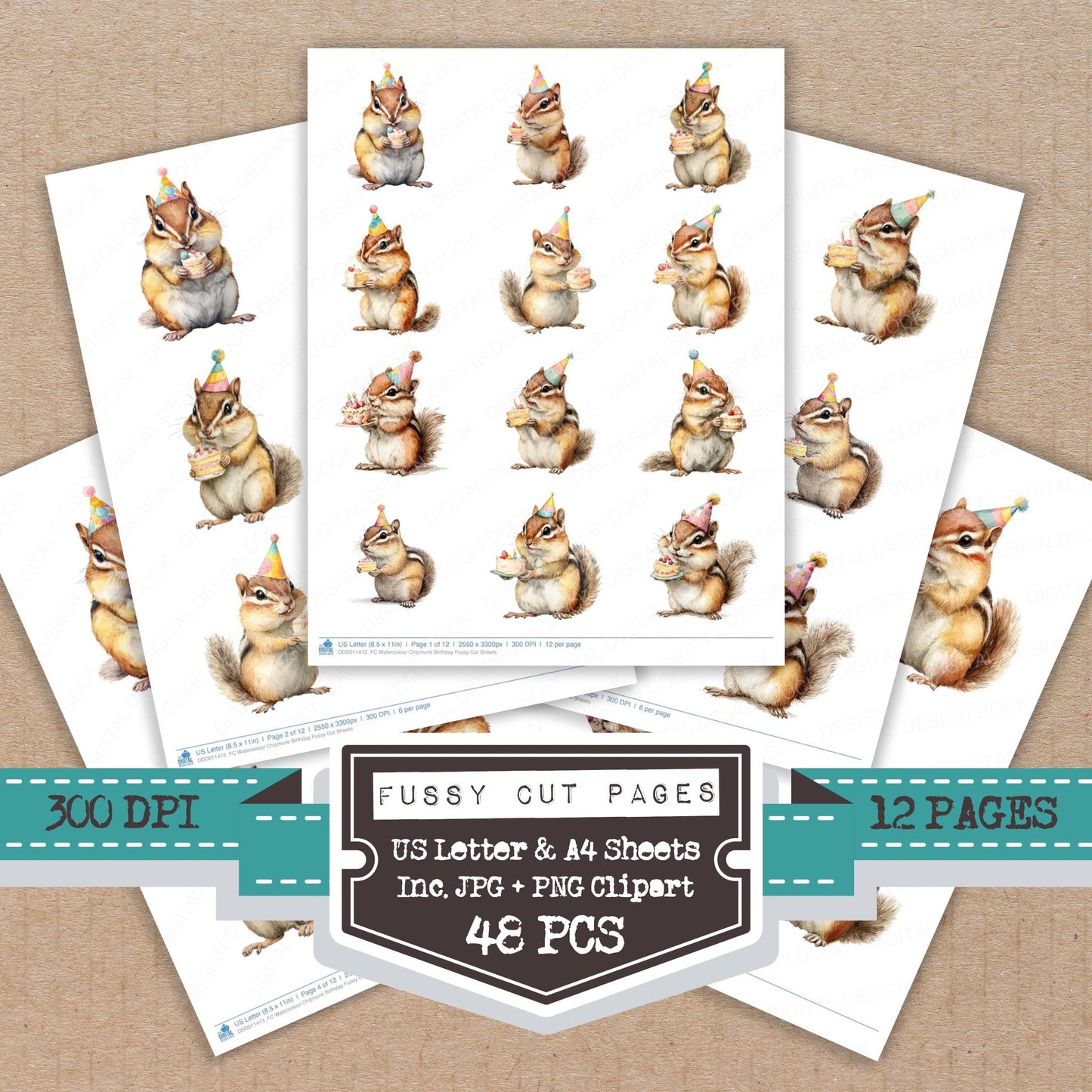 Watercolour Chipmunk Birthday fussy cut printable sheets for junk journaling, scrapbooking, and paper craft projects