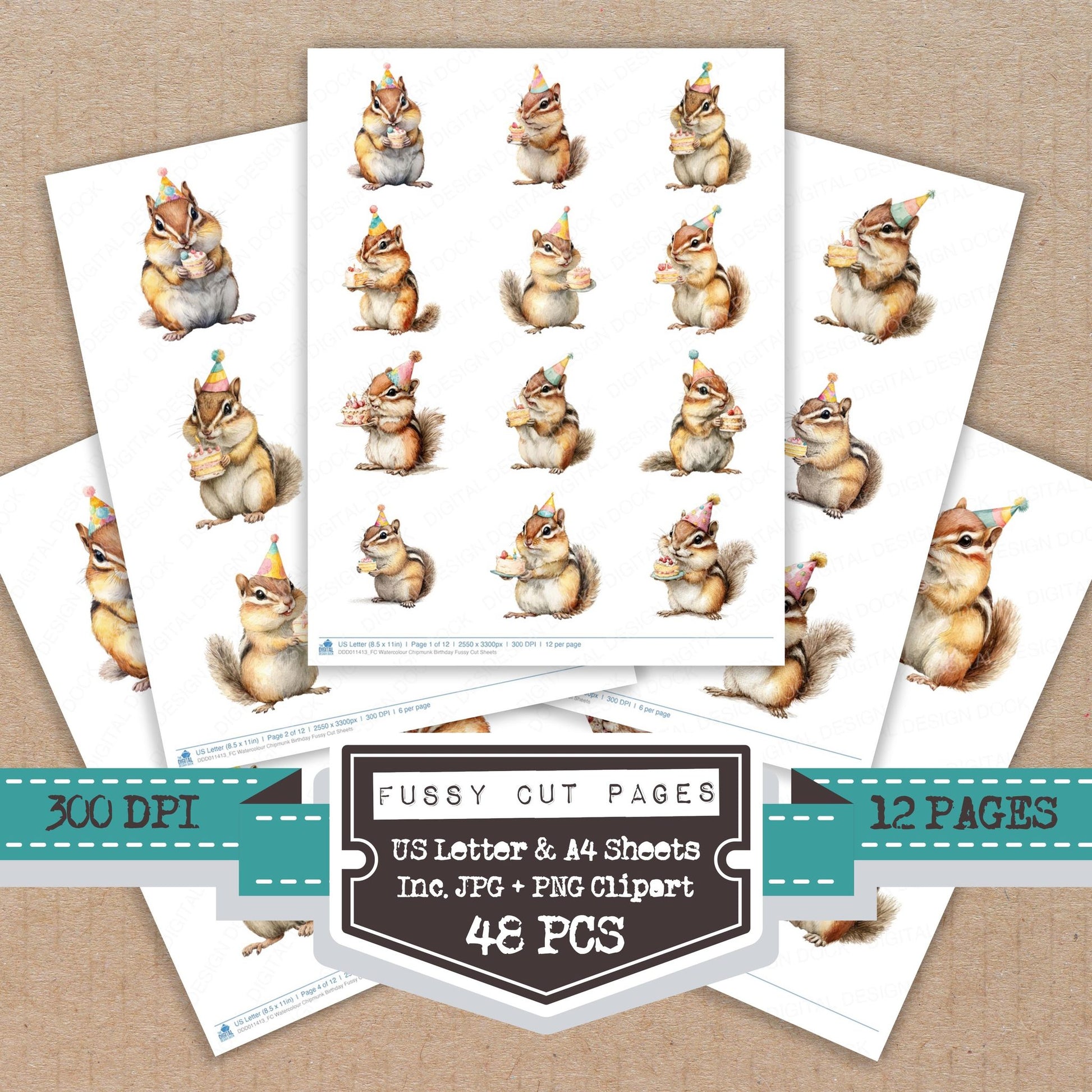 Watercolour Chipmunk Birthday fussy cut printable sheets for junk journaling, scrapbooking, and paper craft projects