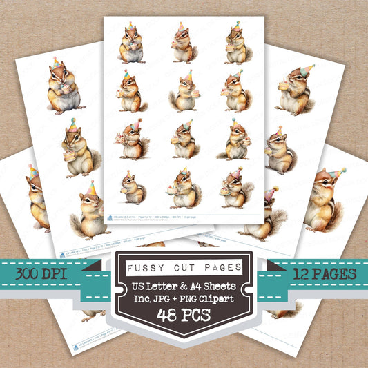 Watercolour Chipmunk Birthday fussy cut printable sheets for junk journaling, scrapbooking, and paper craft projects