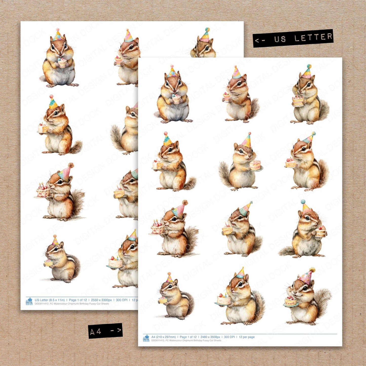 A4 and US Letter format comparison showing Watercolour Chipmunk Birthday fussy cut pages for print and cut crafting
