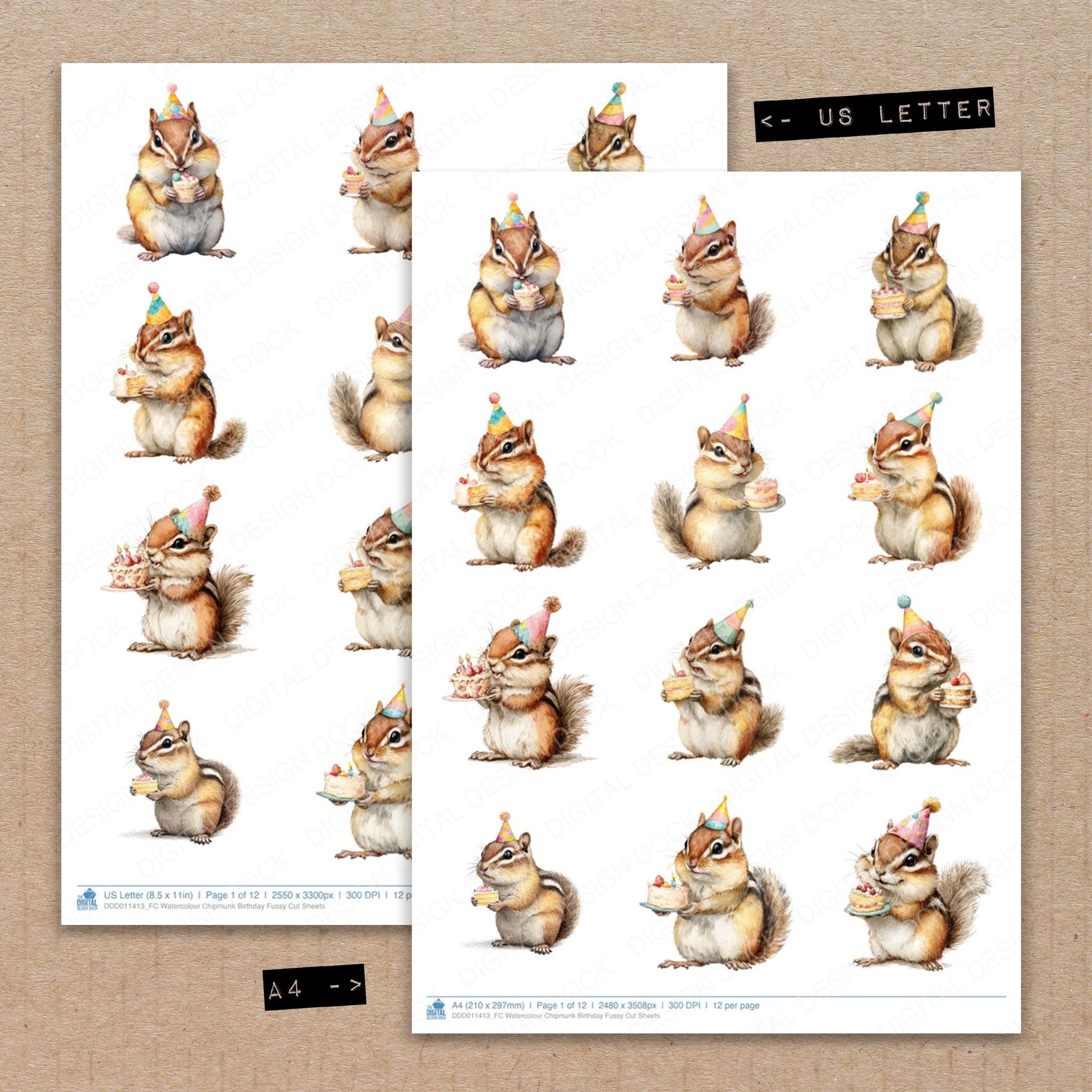 A4 and US Letter format comparison showing Watercolour Chipmunk Birthday fussy cut pages for print and cut crafting