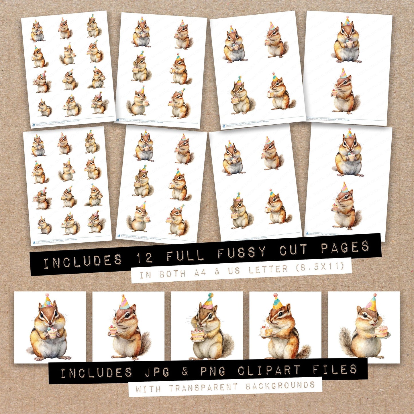 Full collection view of Watercolour Chipmunk Birthday fussy cut sheets with bonus clipart JPG and PNG files