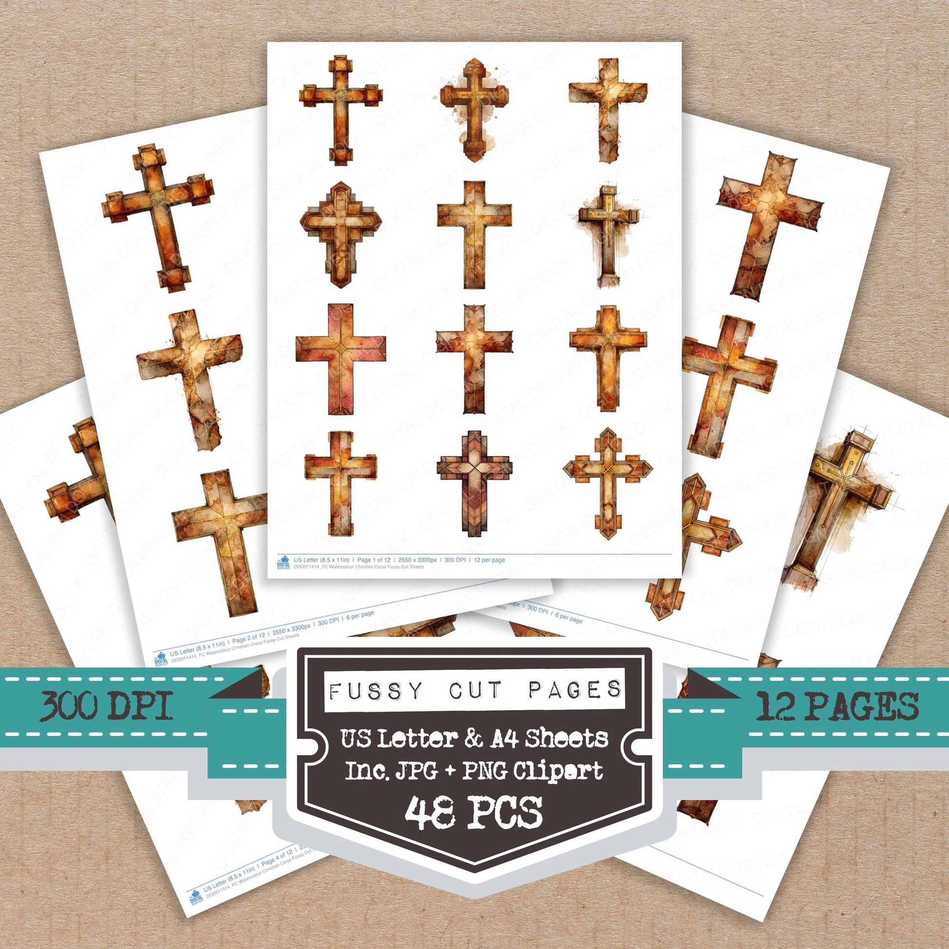 Watercolour Christian Cross fussy cut printable sheets for junk journaling, scrapbooking, and paper craft projects