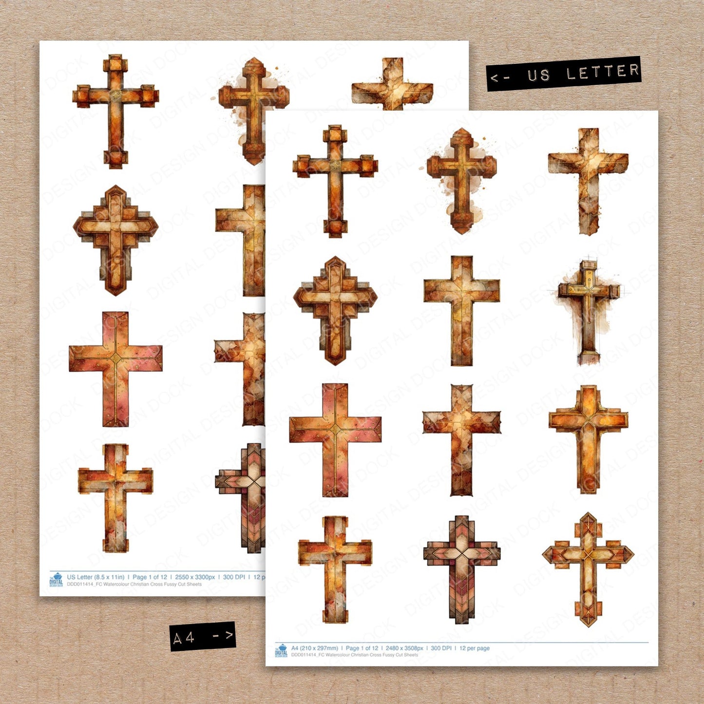A4 and US Letter format comparison showing Watercolour Christian Cross fussy cut pages for print and cut crafting