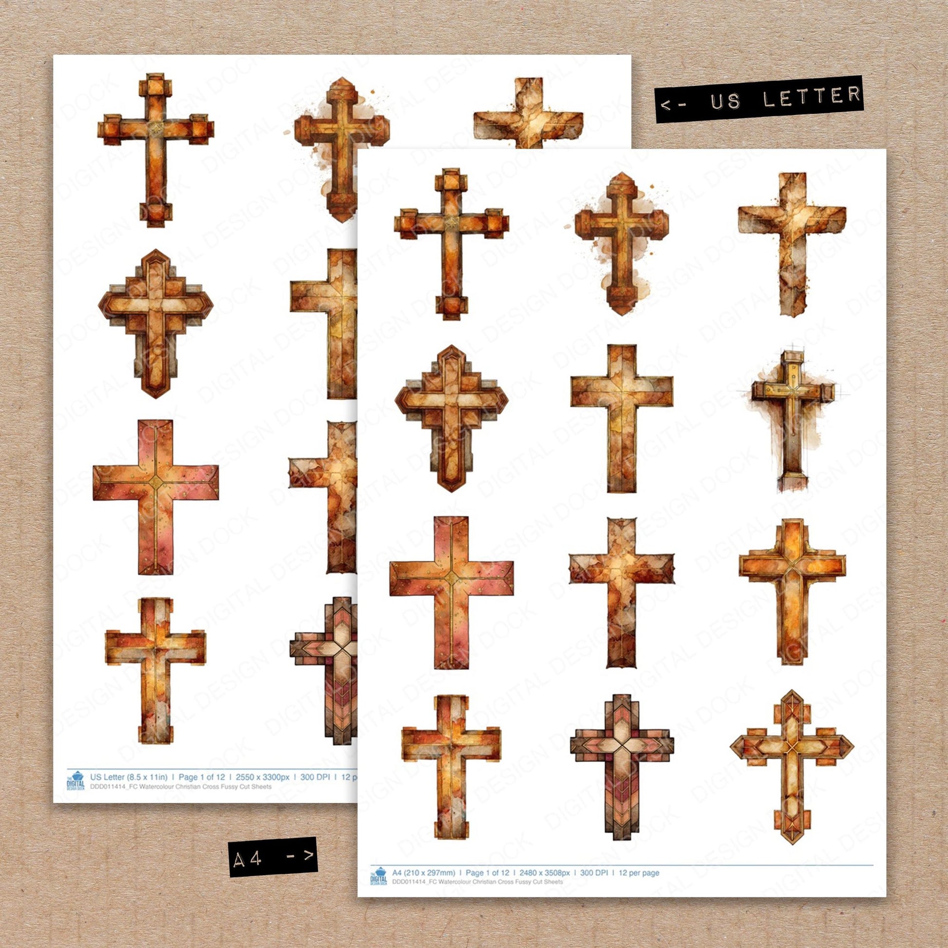 A4 and US Letter format comparison showing Watercolour Christian Cross fussy cut pages for print and cut crafting