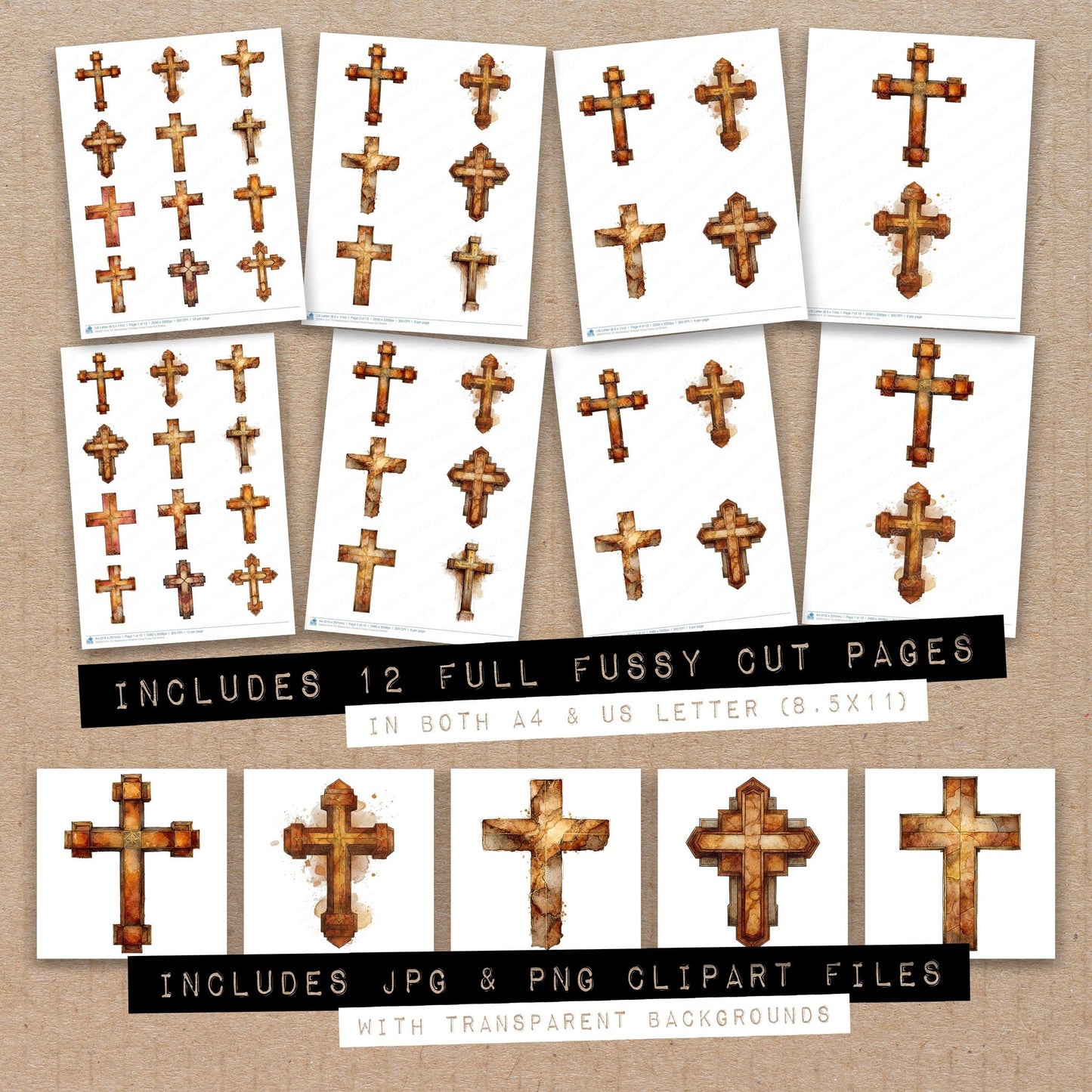 Full collection view of Watercolour Christian Cross fussy cut sheets with bonus clipart JPG and PNG files