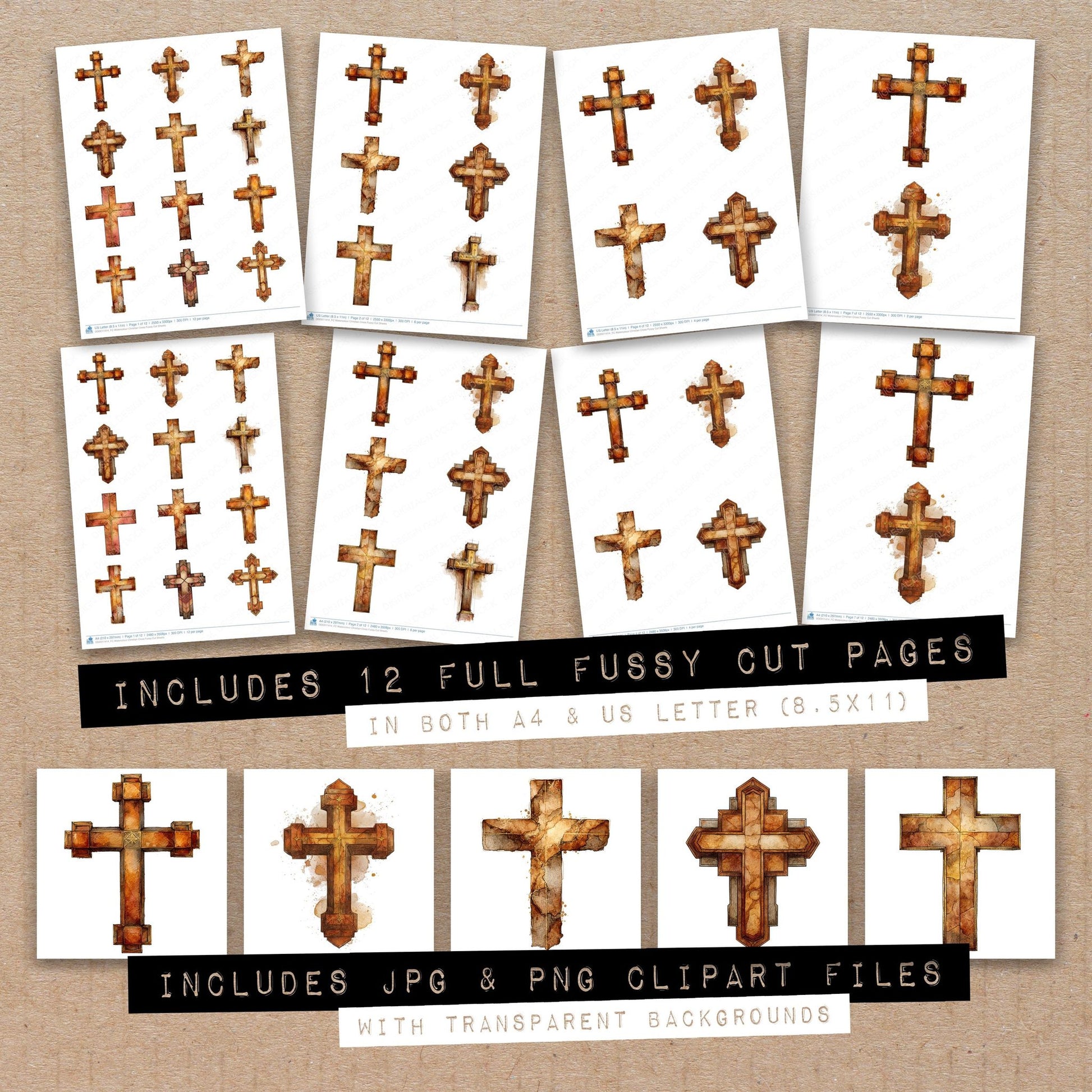 Full collection view of Watercolour Christian Cross fussy cut sheets with bonus clipart JPG and PNG files