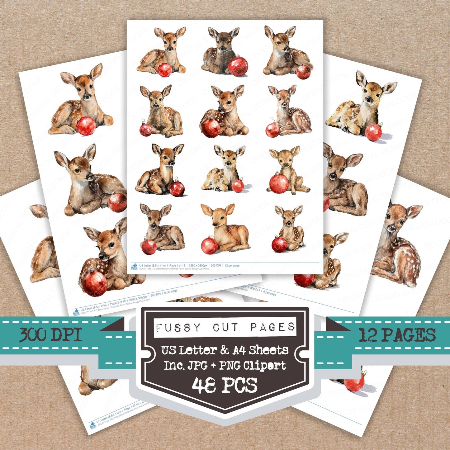 Watercolour Christmas Fawn Bauble fussy cut printable sheets for junk journaling, scrapbooking, and paper craft projects