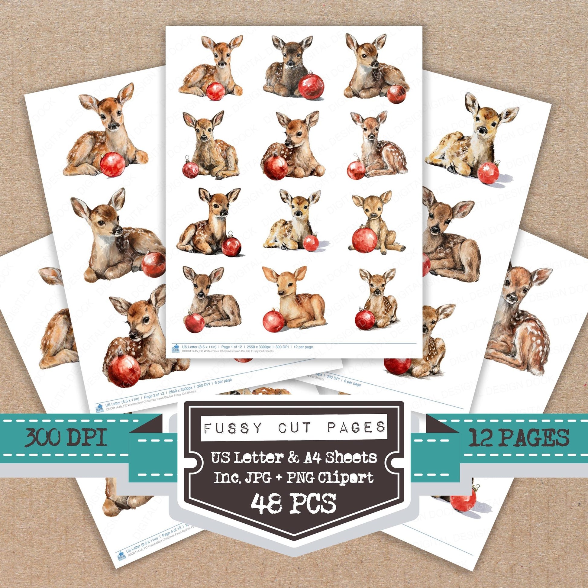 Watercolour Christmas Fawn Bauble fussy cut printable sheets for junk journaling, scrapbooking, and paper craft projects