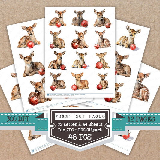 Watercolour Christmas Fawn Bauble fussy cut printable sheets for junk journaling, scrapbooking, and paper craft projects