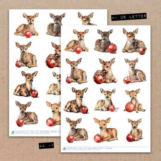 A4 and US Letter format comparison showing Watercolour Christmas Fawn Bauble fussy cut pages for print and cut crafting