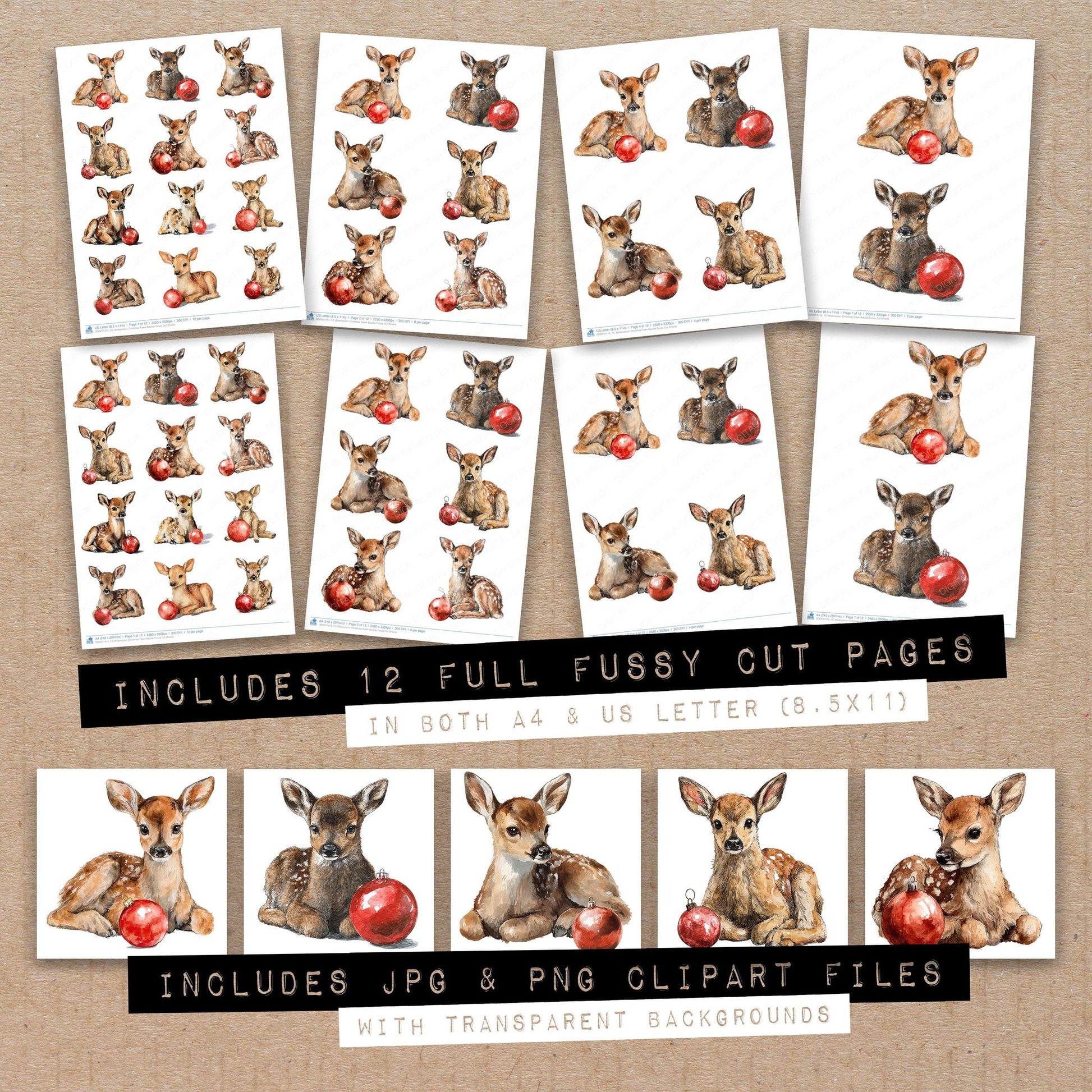 Full collection view of Watercolour Christmas Fawn Bauble fussy cut sheets with bonus clipart JPG and PNG files