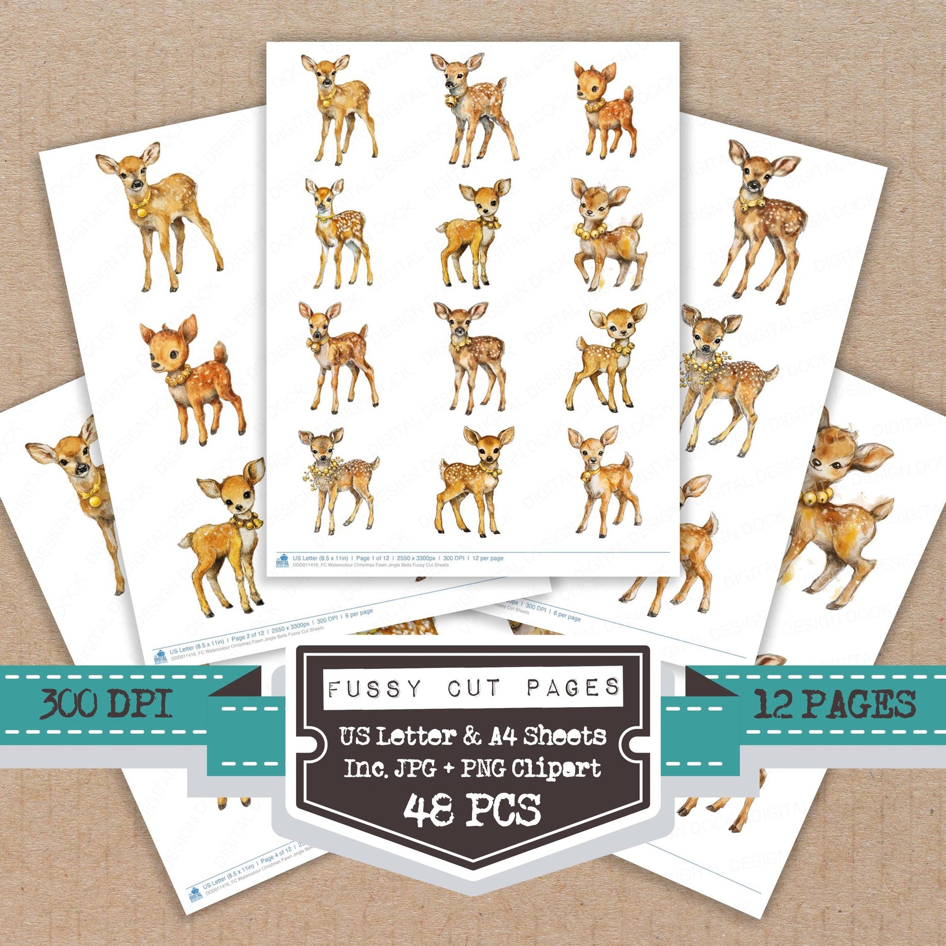 Watercolour Christmas Fawn Jingle Bells fussy cut printable sheets for junk journaling, scrapbooking, and paper craft projects