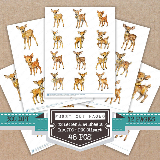 Watercolour Christmas Fawn Jingle Bells fussy cut printable sheets for junk journaling, scrapbooking, and paper craft projects