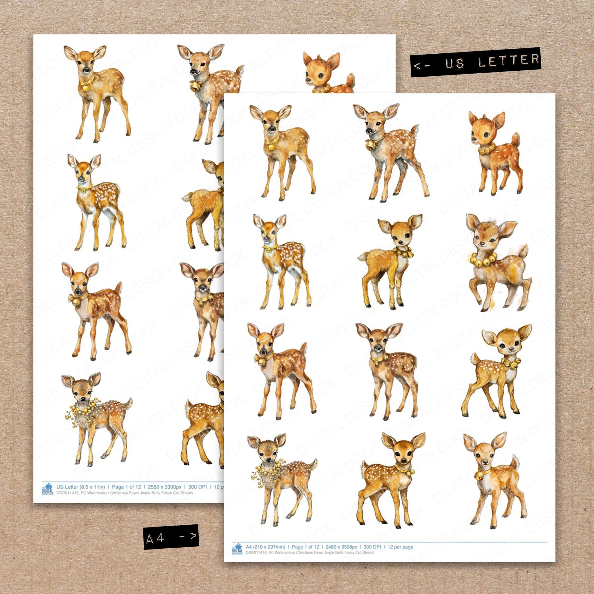 A4 and US Letter format comparison showing Watercolour Christmas Fawn Jingle Bells fussy cut pages for print and cut crafting