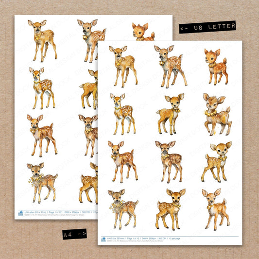 A4 and US Letter format comparison showing Watercolour Christmas Fawn Jingle Bells fussy cut pages for print and cut crafting