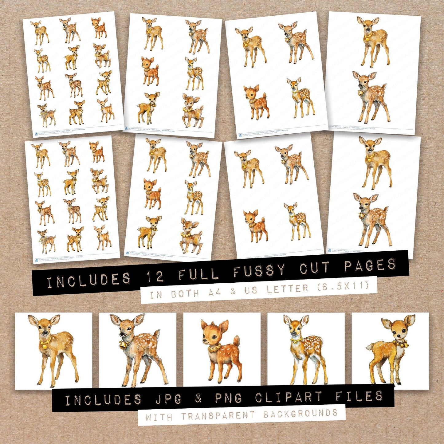 Full collection view of Watercolour Christmas Fawn Jingle Bells fussy cut sheets with bonus clipart JPG and PNG files