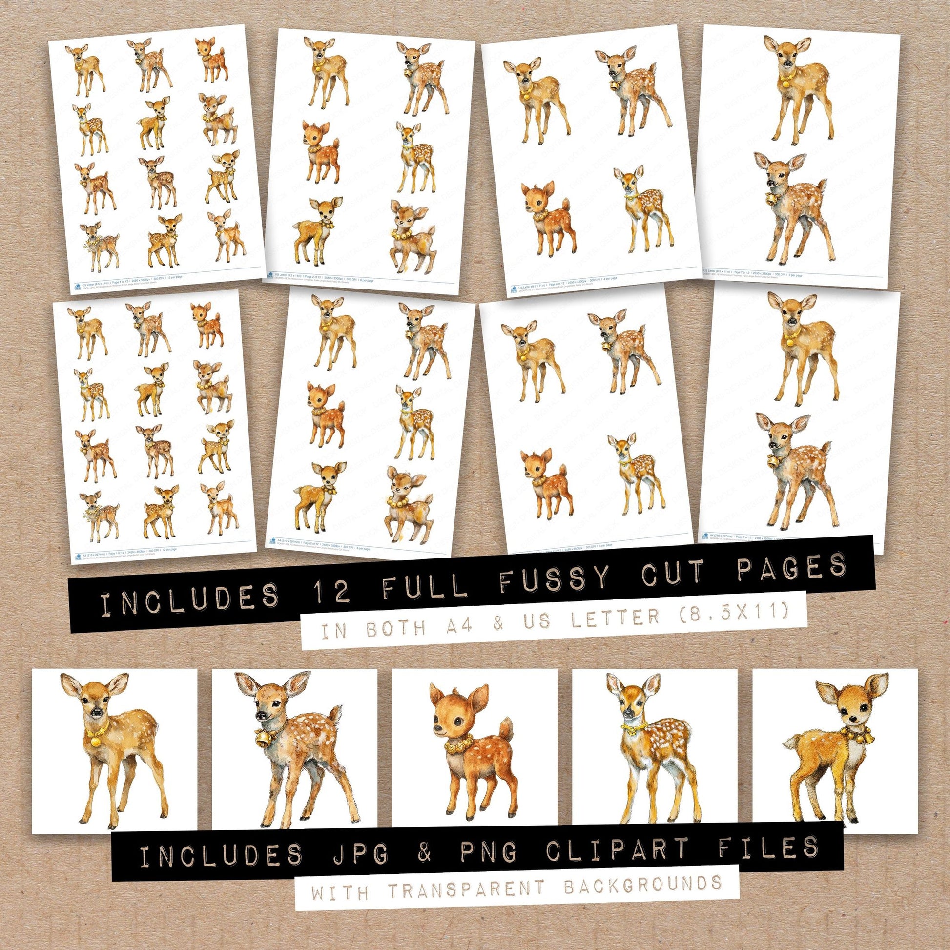 Full collection view of Watercolour Christmas Fawn Jingle Bells fussy cut sheets with bonus clipart JPG and PNG files