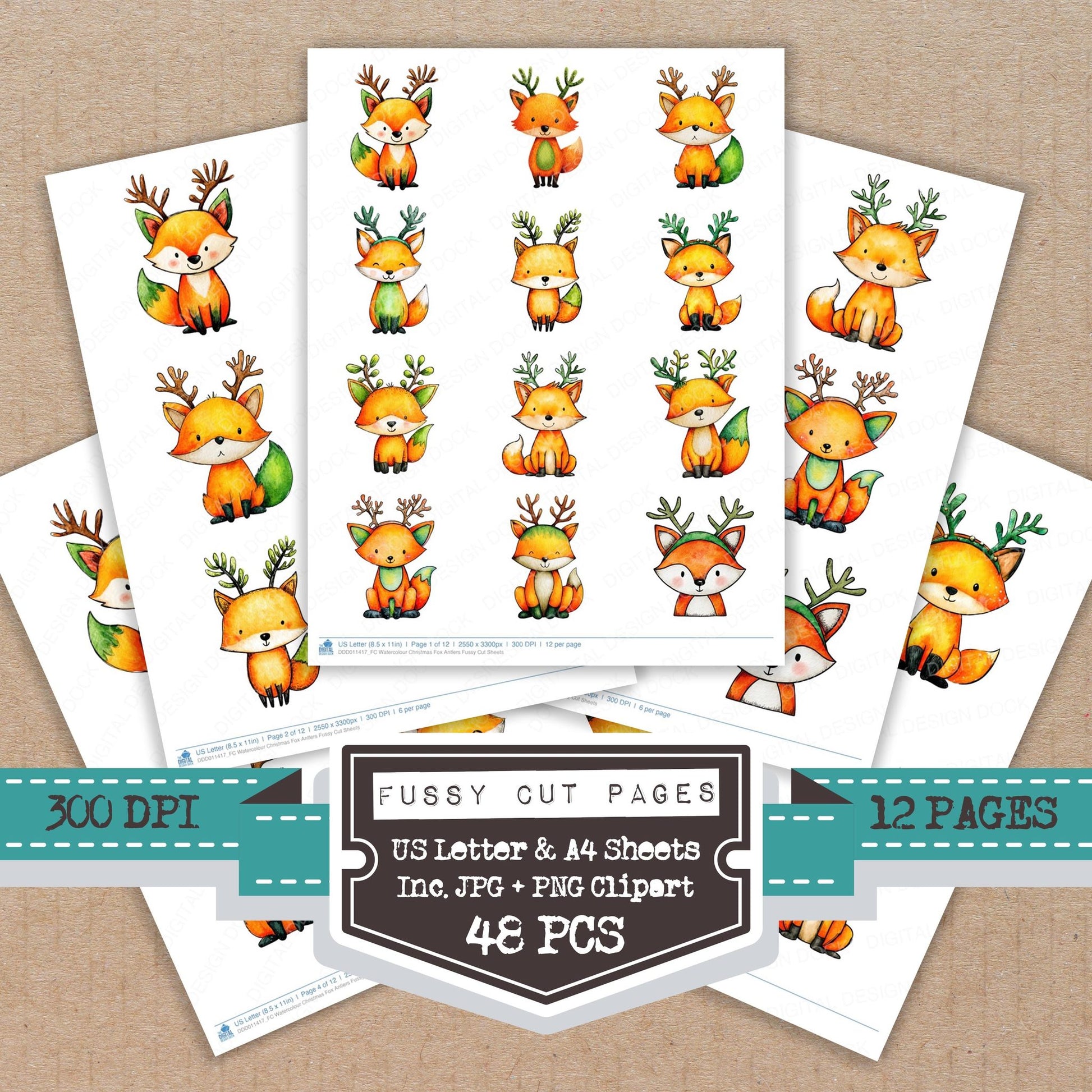 Watercolour Christmas Fox Antlers fussy cut printable sheets for junk journaling, scrapbooking, and paper craft projects