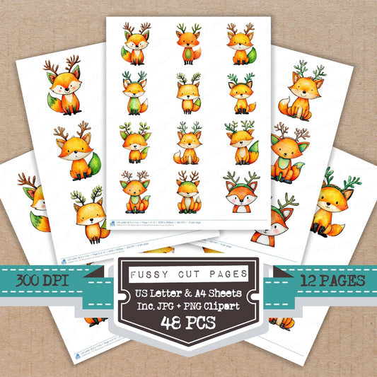Watercolour Christmas Fox Antlers fussy cut printable sheets for junk journaling, scrapbooking, and paper craft projects